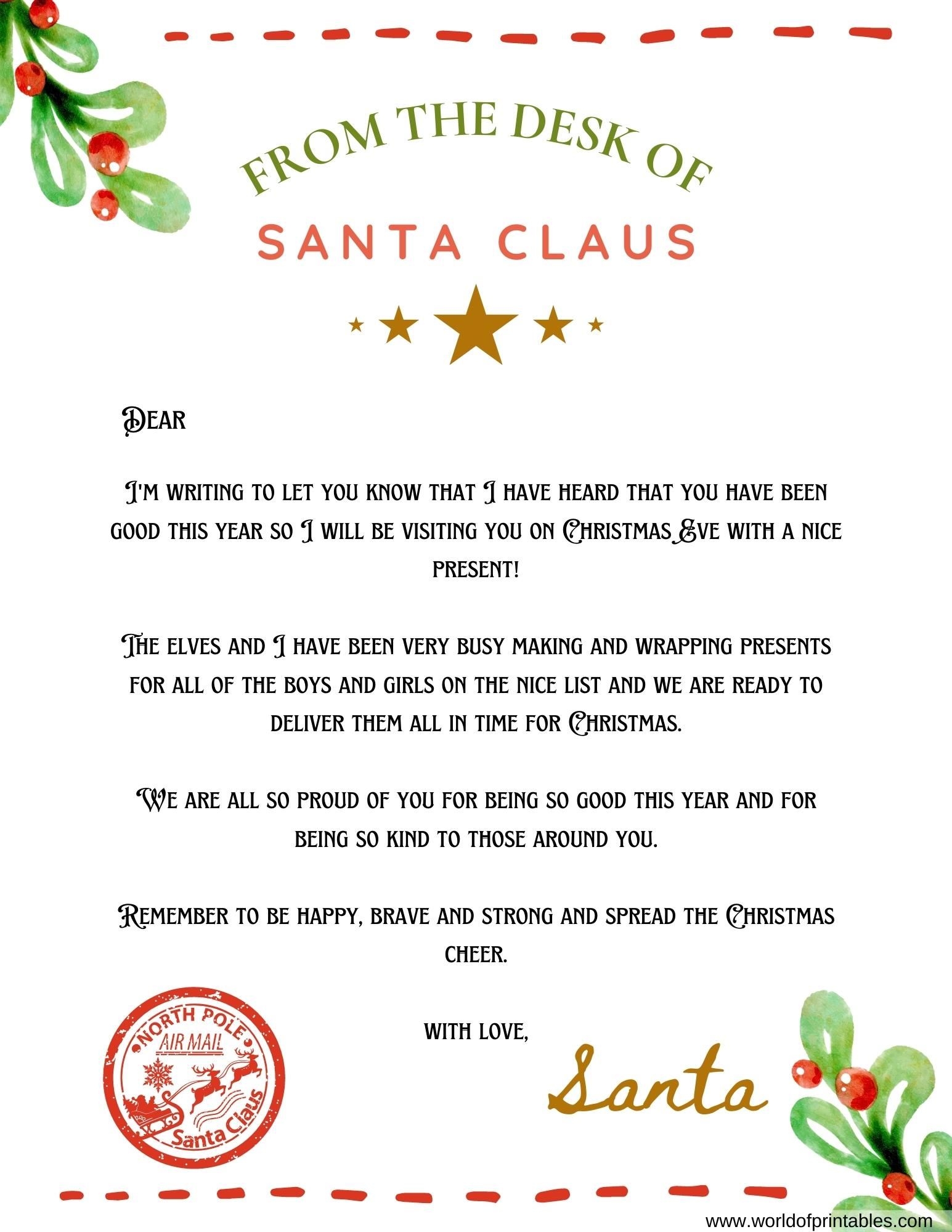 Free Letter From Santa Printable Template