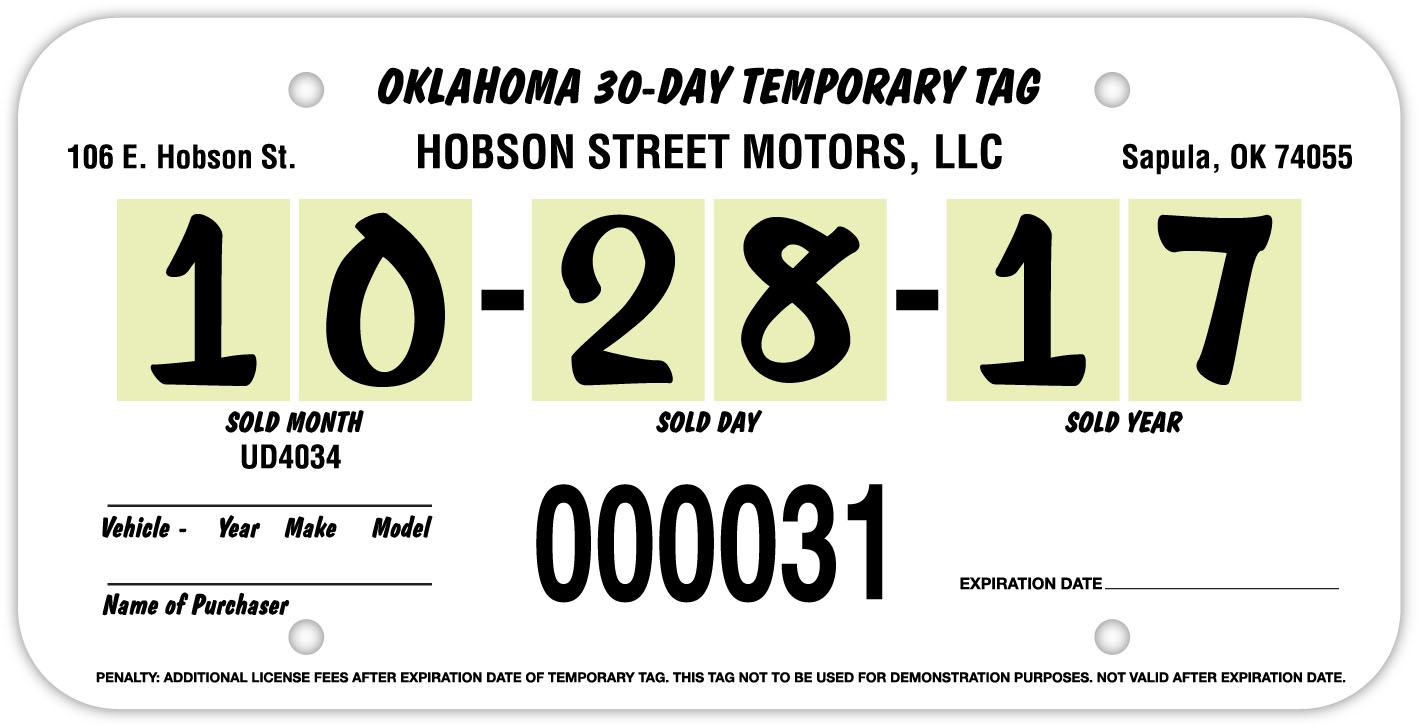 Printable Blank Oklahoma Temporary Tag Template