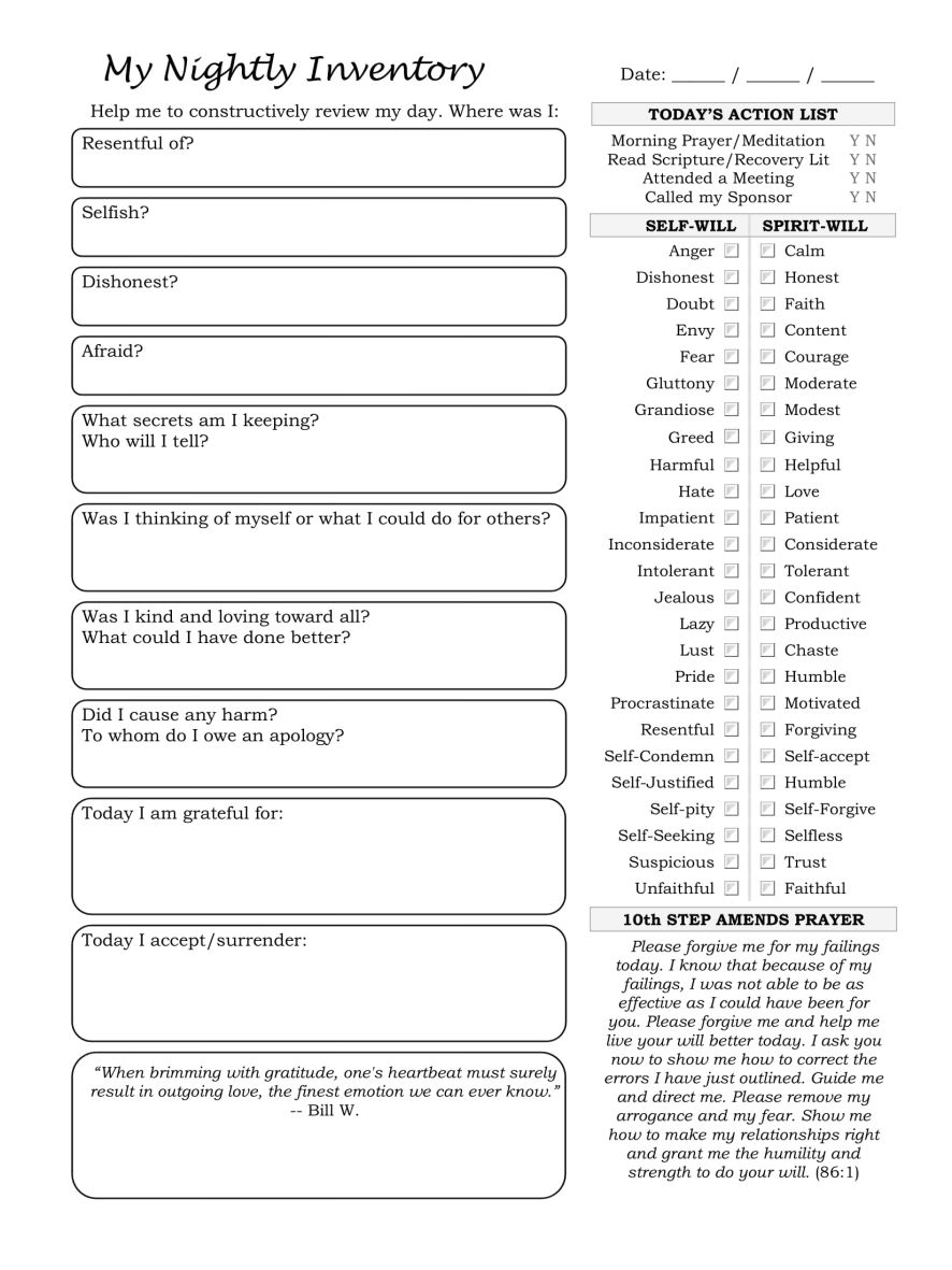 10th Step Nightly Inventory Journal Worksheets Library