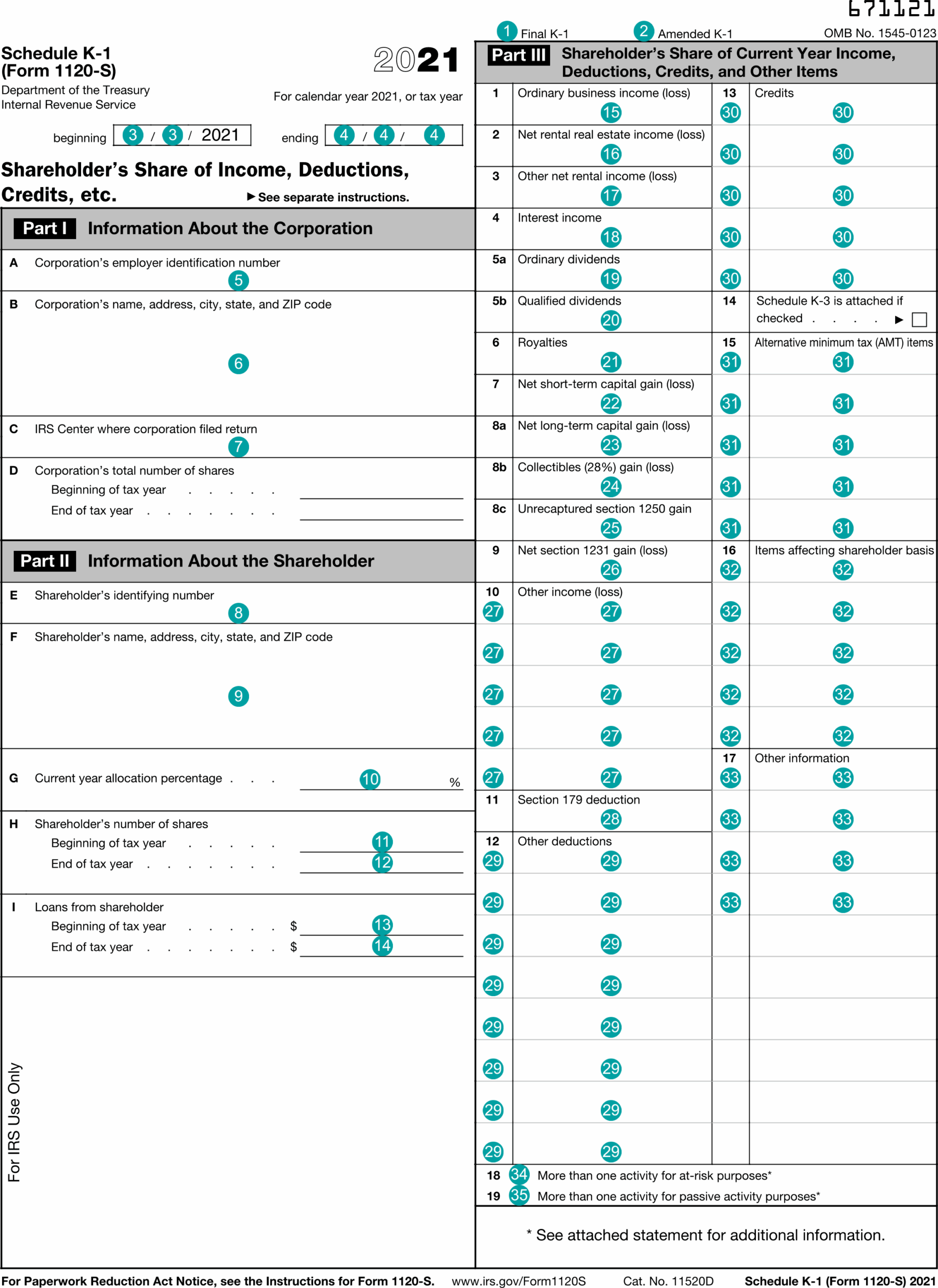 1120S K 1 Shareholder s Share Of Income Deductions Credits Etc 