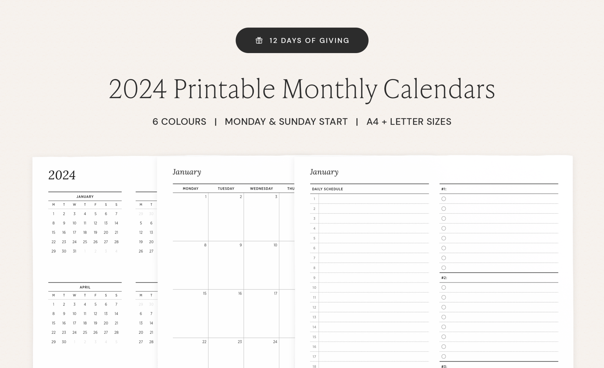 2024 Printable Monthly Calendars 4 Designs 6 Colours 