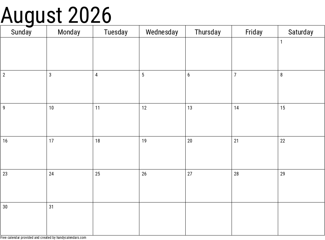 August December 2026 Calendar Printable