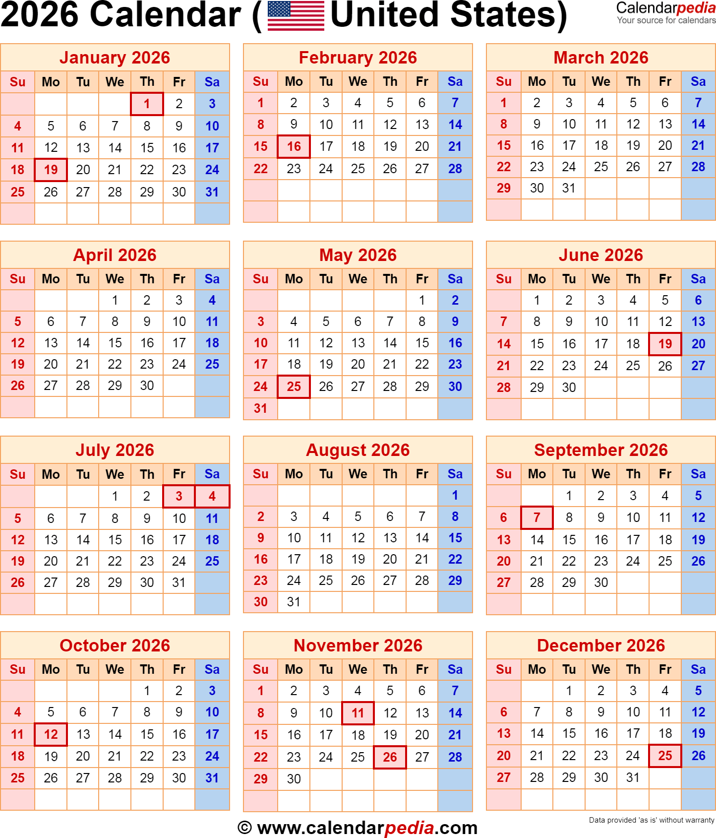2026 calendar with federal holidays