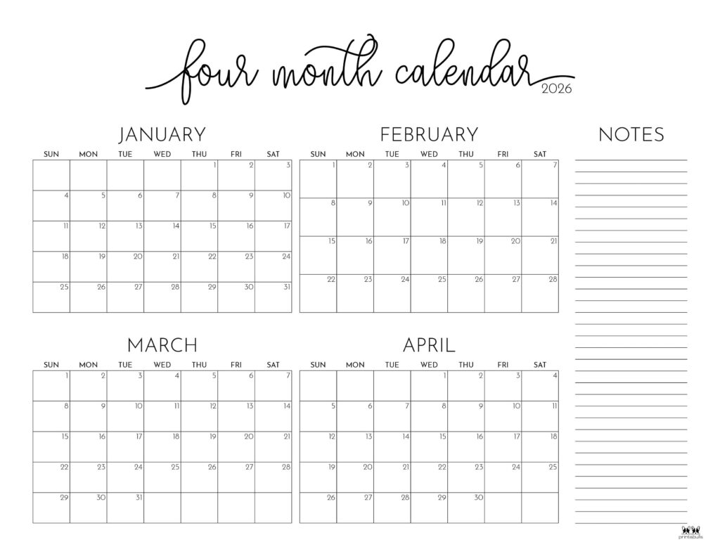 2026 Four Month Calendars 31 FREE Printables Printabulls
