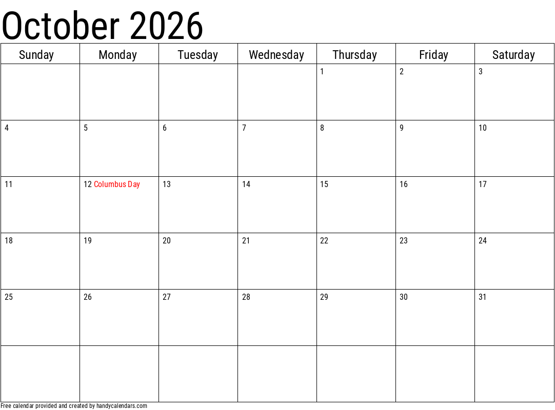 Printable Calendar October Through December 2026