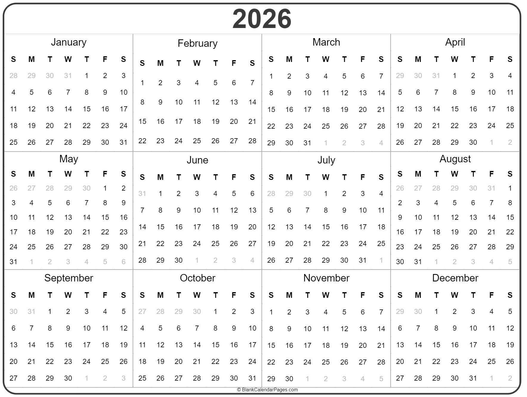Yearly Calendar 2026 Printable Blank