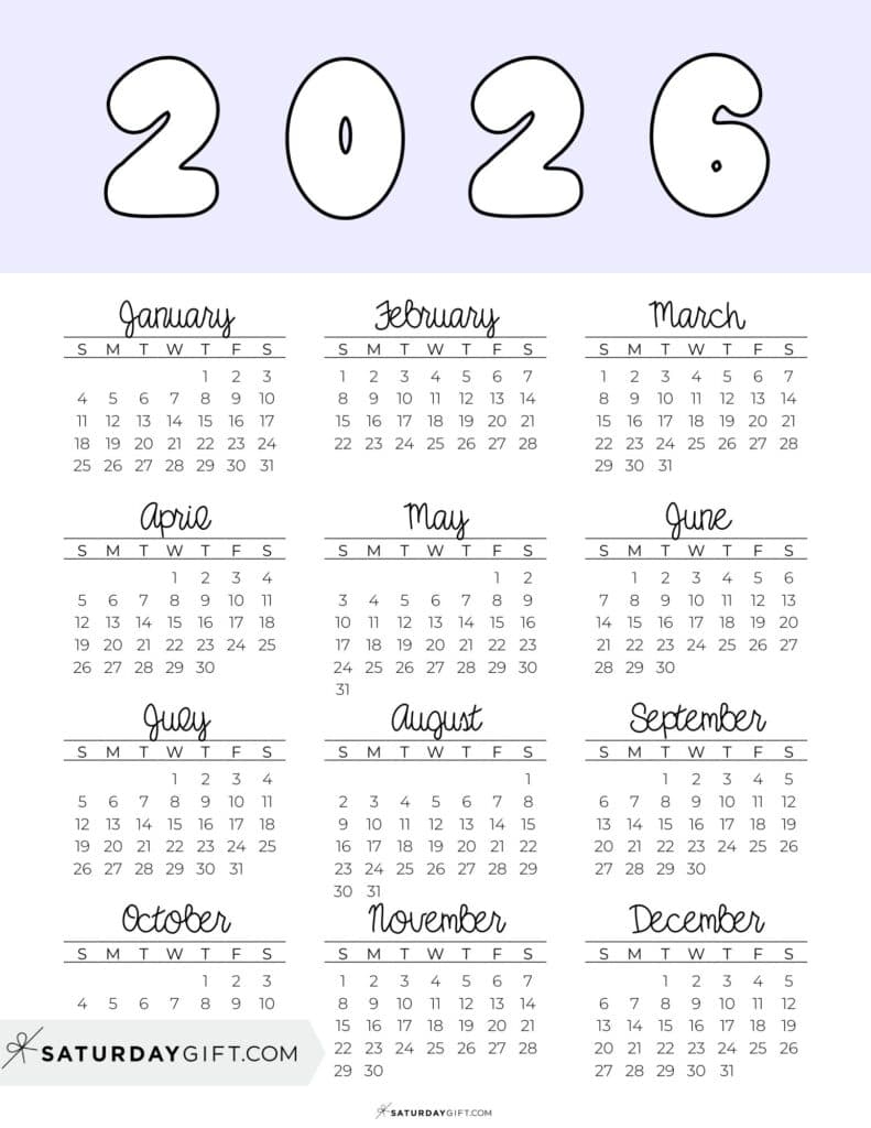Year 2026 Calendar Printable