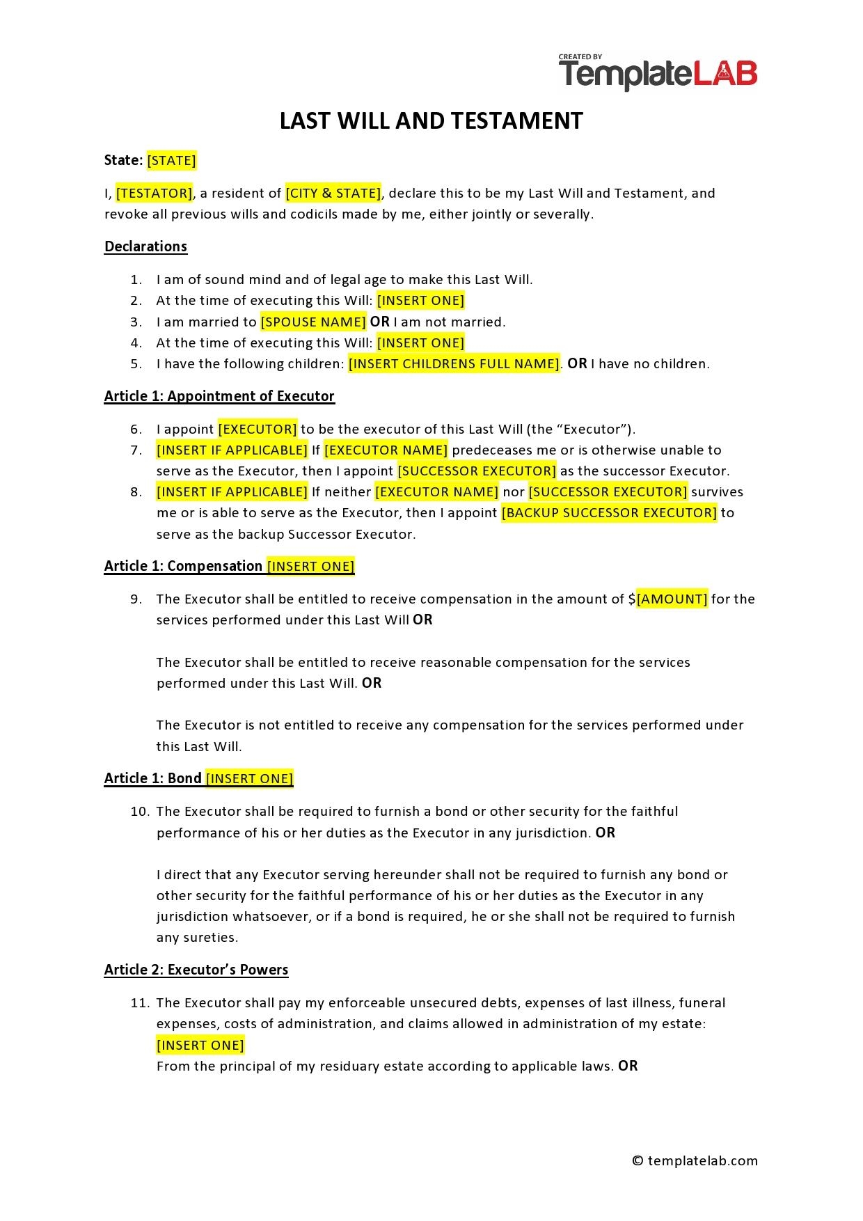 Printable Wills Template