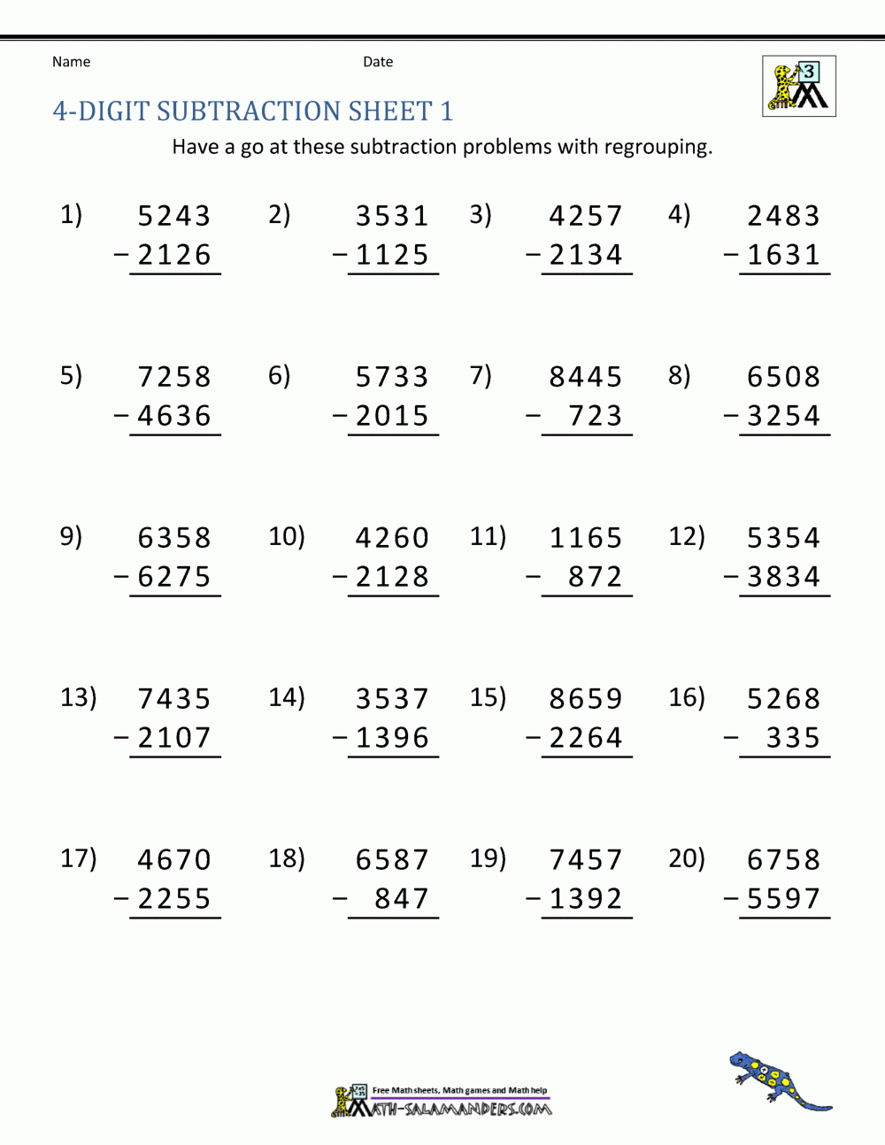 4 Digit Subtraction Worksheets Worksheets Library