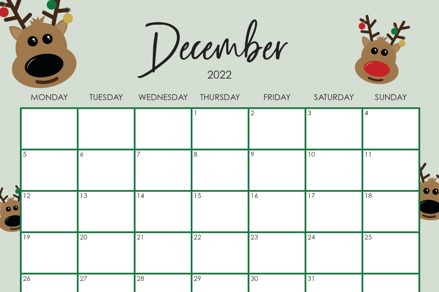 December Printable Calendar Cute