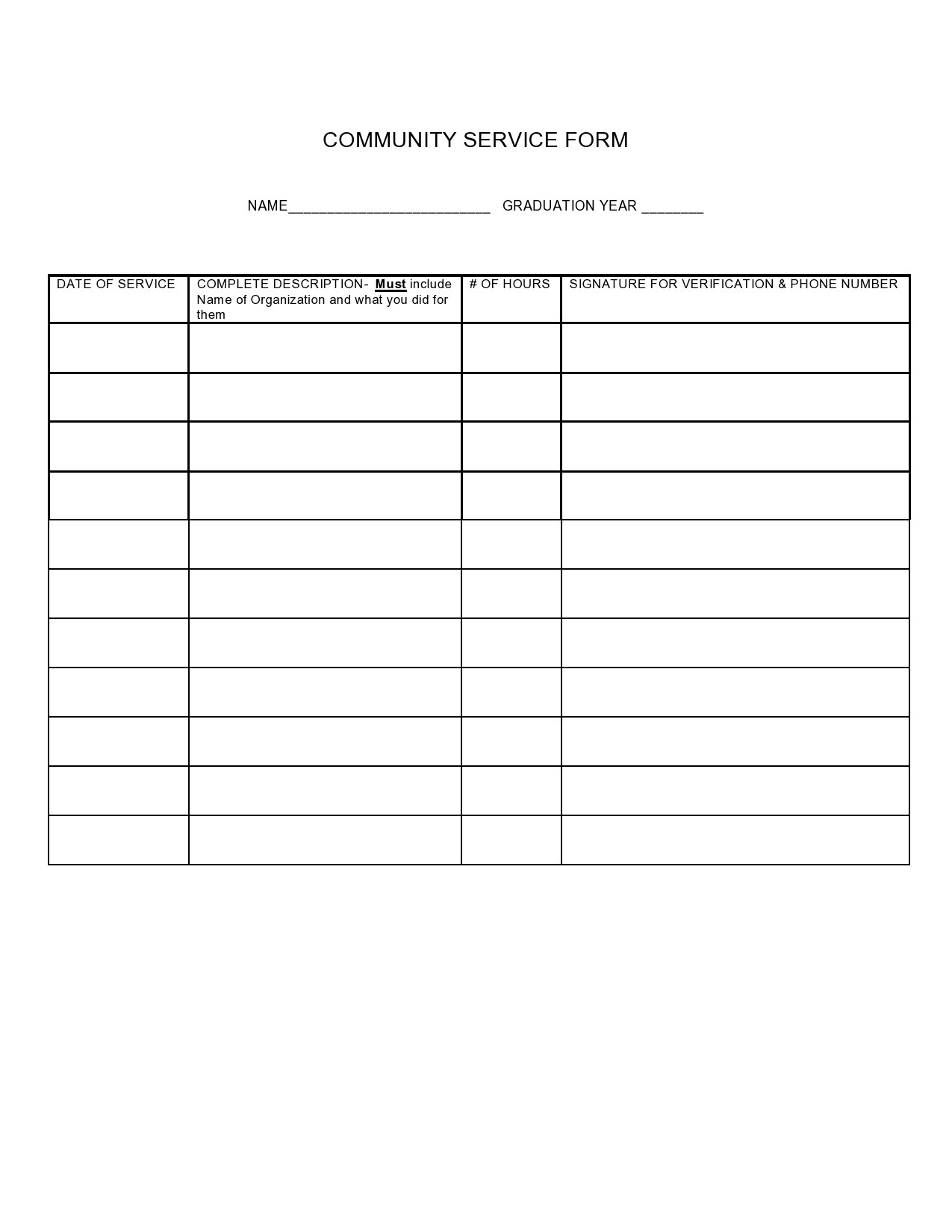 Community Service Sign In Sheet Printable