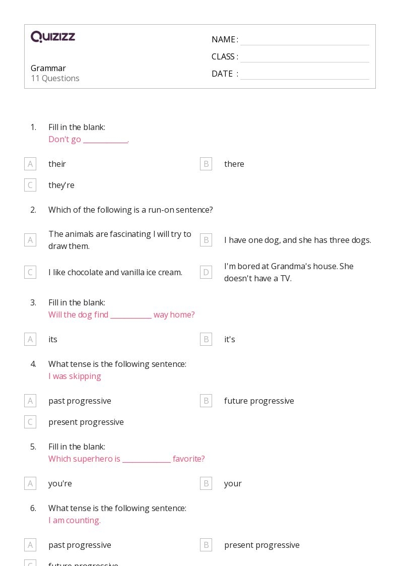 Printable Grammar Worksheets For Grade 4
