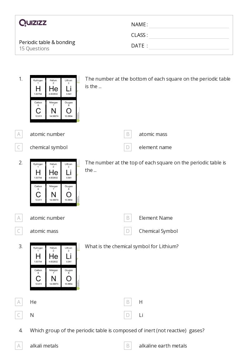Periodic Table Quiz Printable