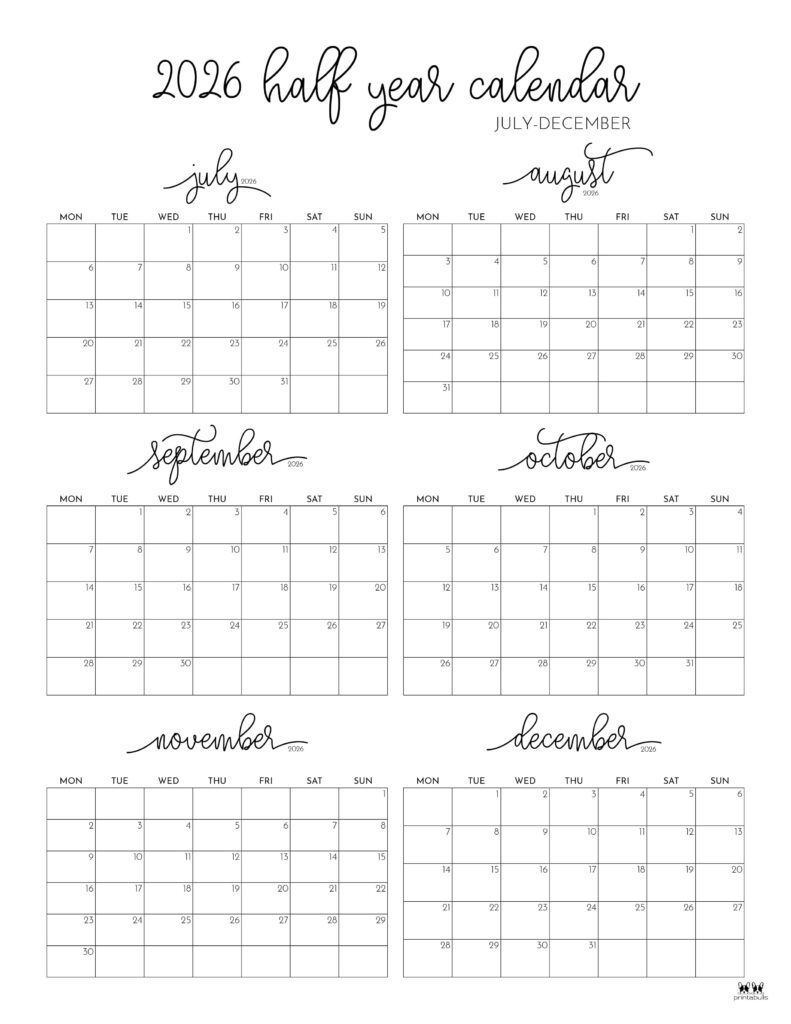 July Through December 2026 Printable Calendars