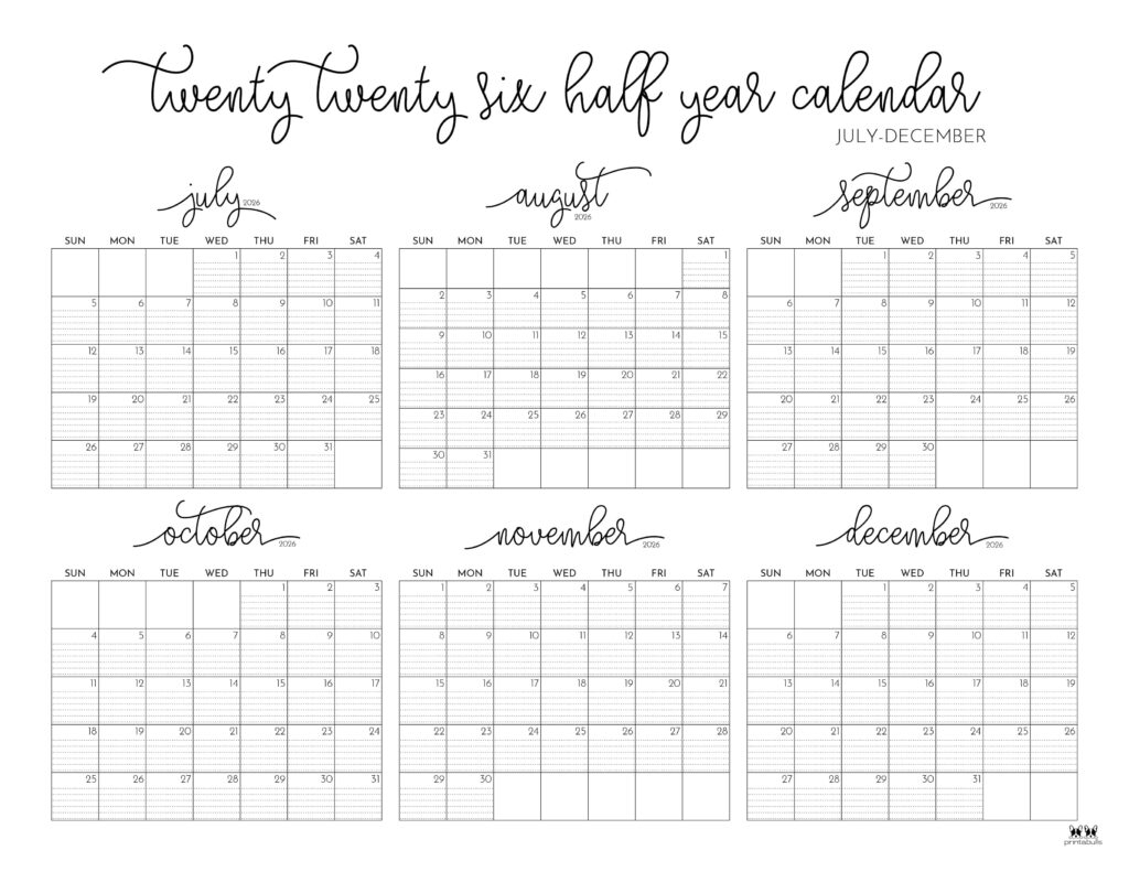 July To December 2026 Calendar Printable