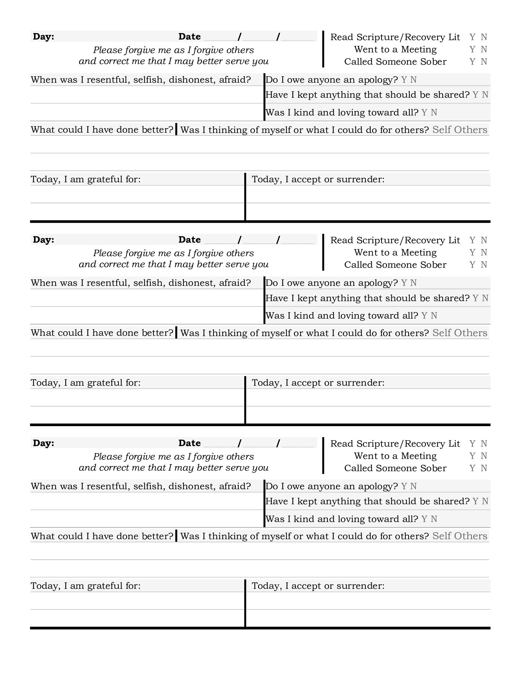 Printable 10th Step Nightly Inventory Worksheet