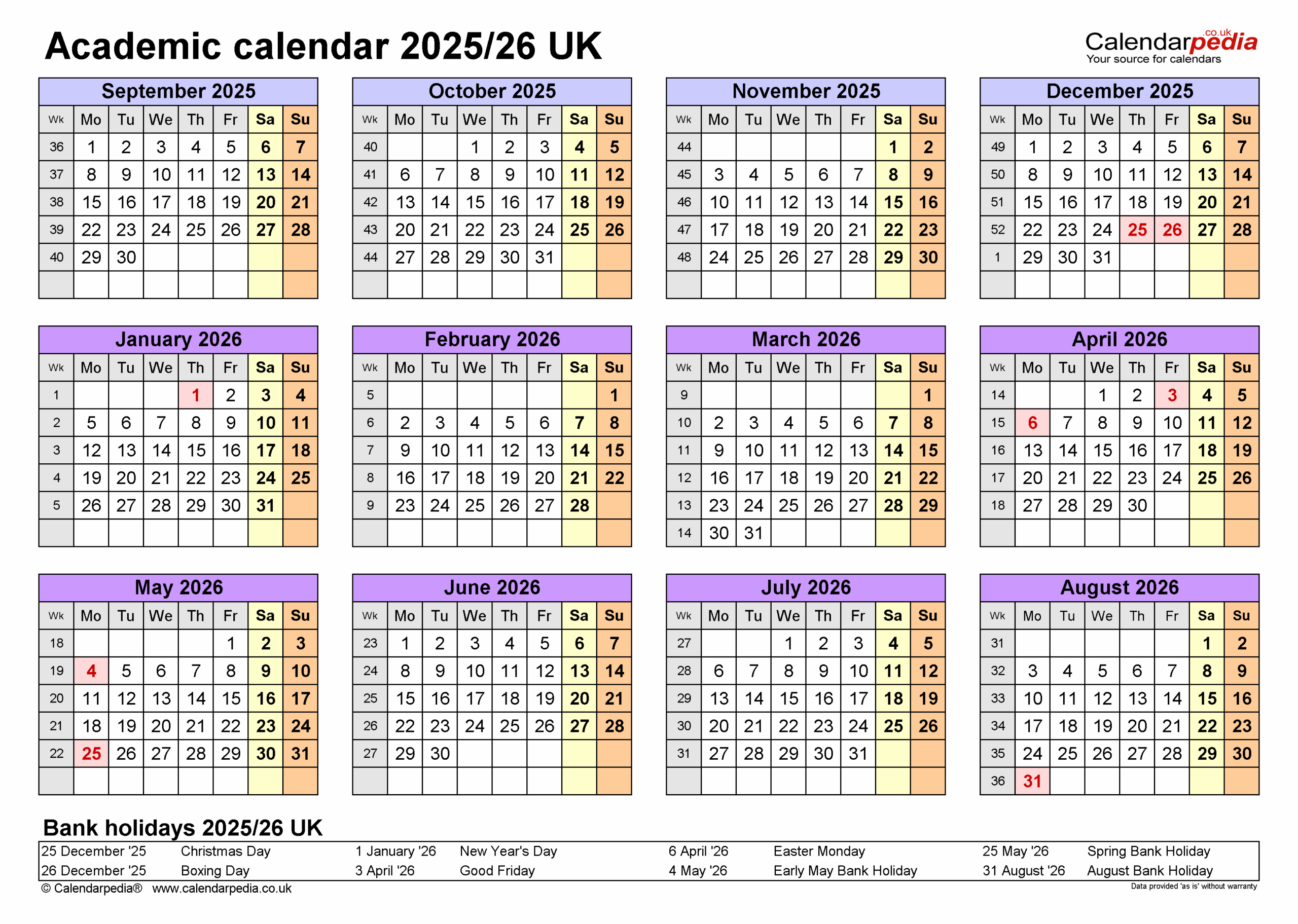 Academic Calendars 2025 26 UK Free Printable Excel Templates