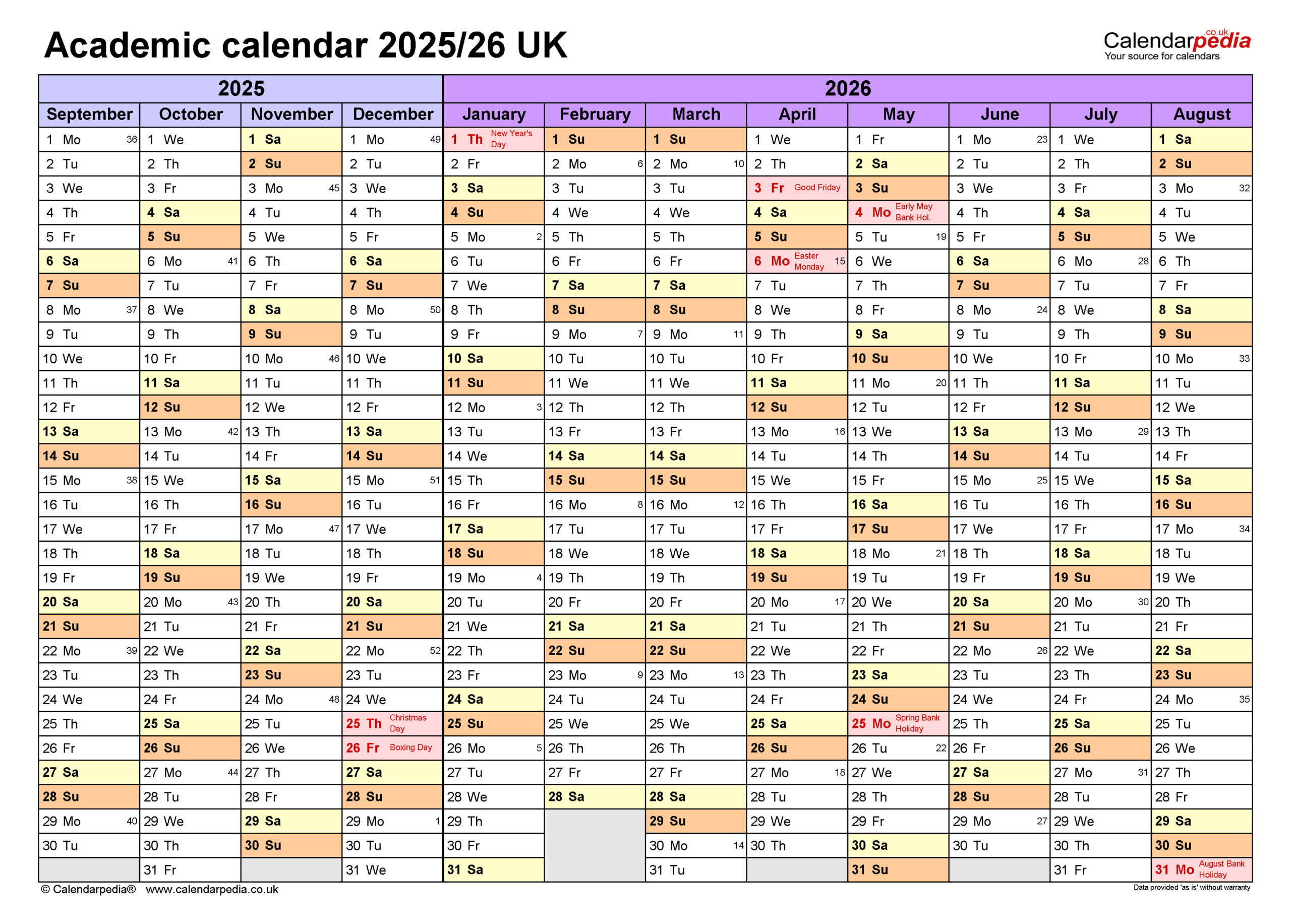 Academic Calendars 2025 26 UK Free Printable Excel Templates