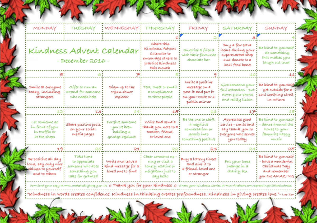 December Printable Calendar Kindness Calendar Mindfulness