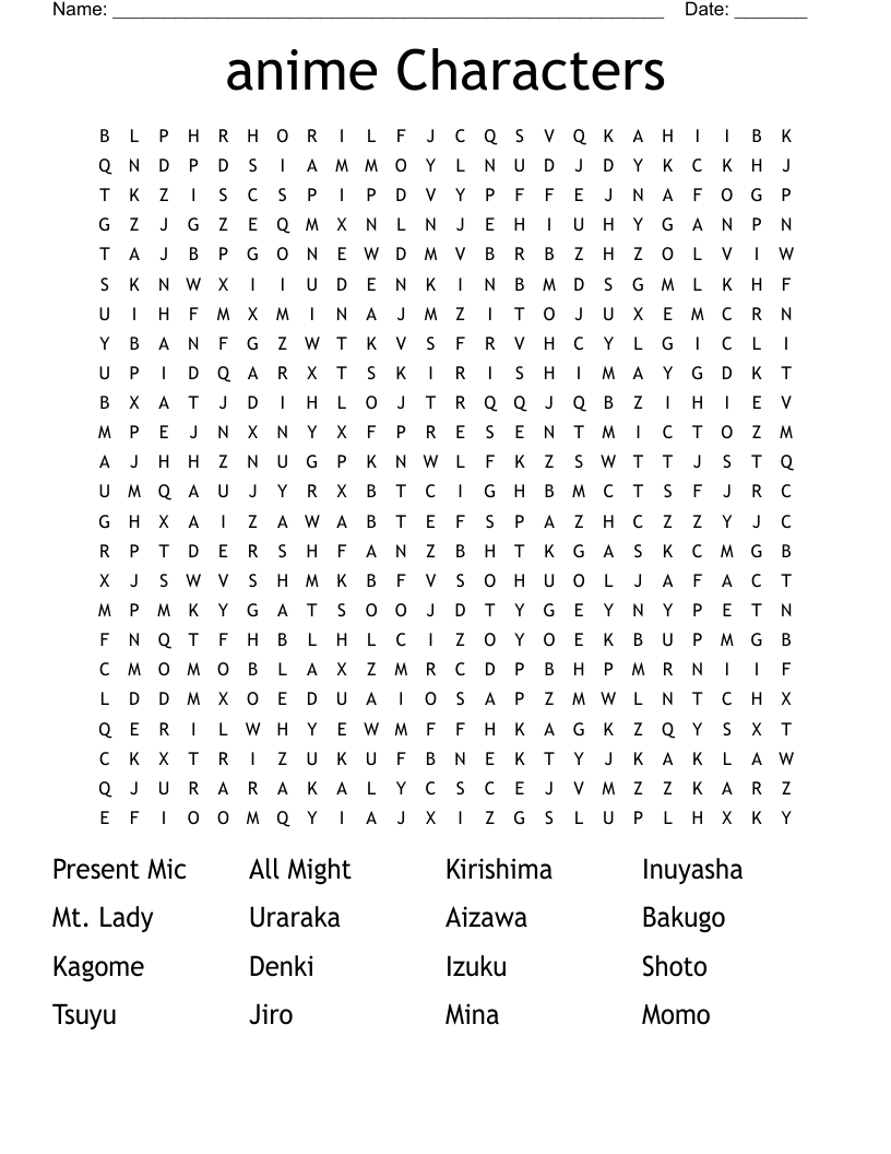 Anime Characters Word Search WordMint