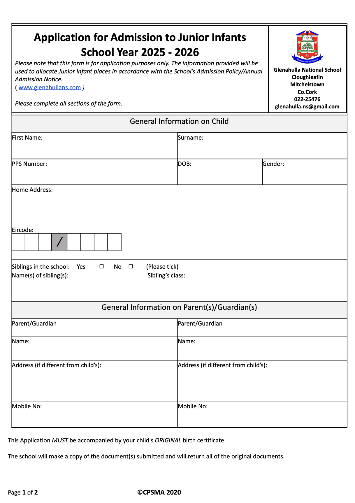 Application For Admissions To Junior Infants Form 2025 26