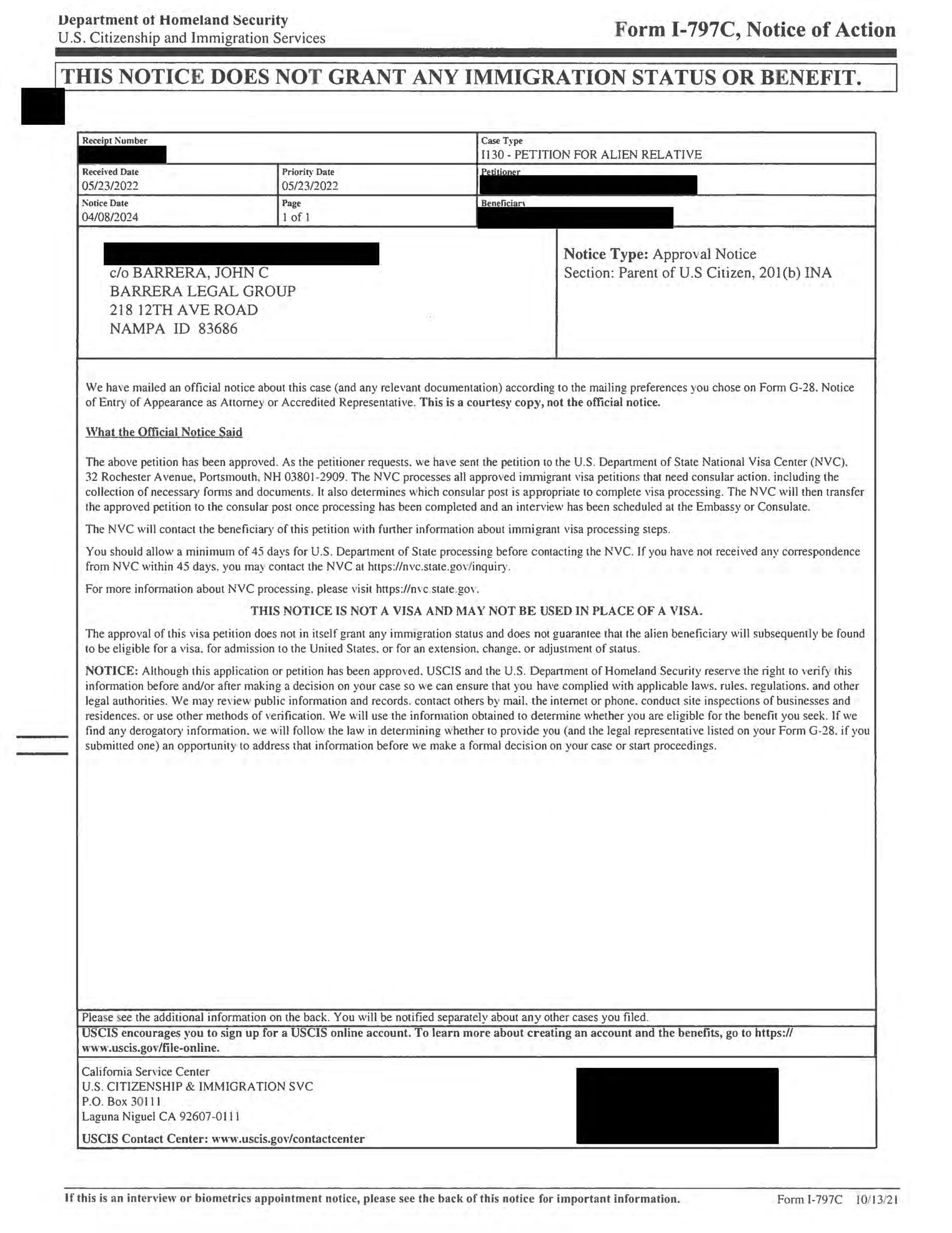 April 8 2024 Approval Of The Form I 130 Petition For Alien Relative