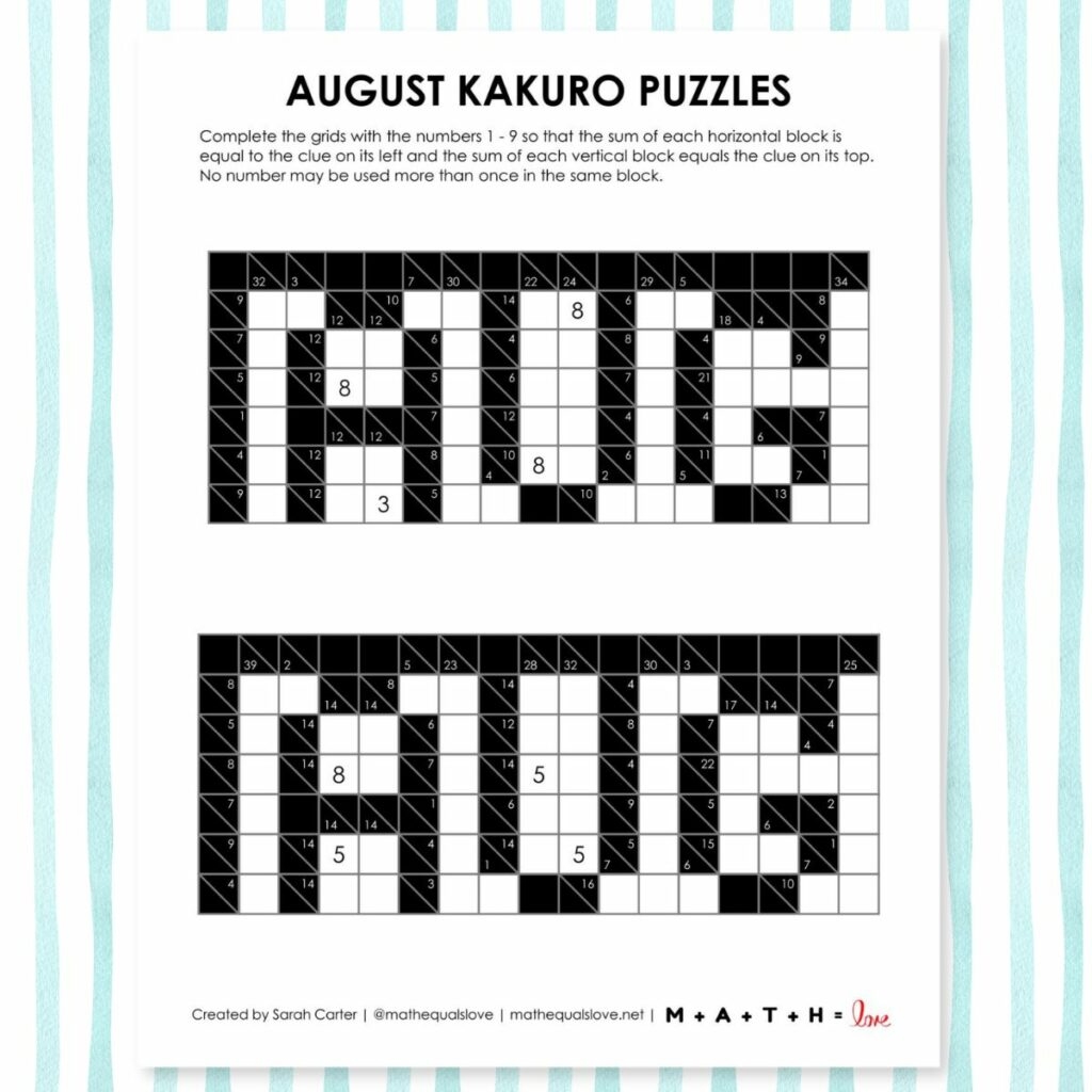 August Kakuro Puzzles Math Love