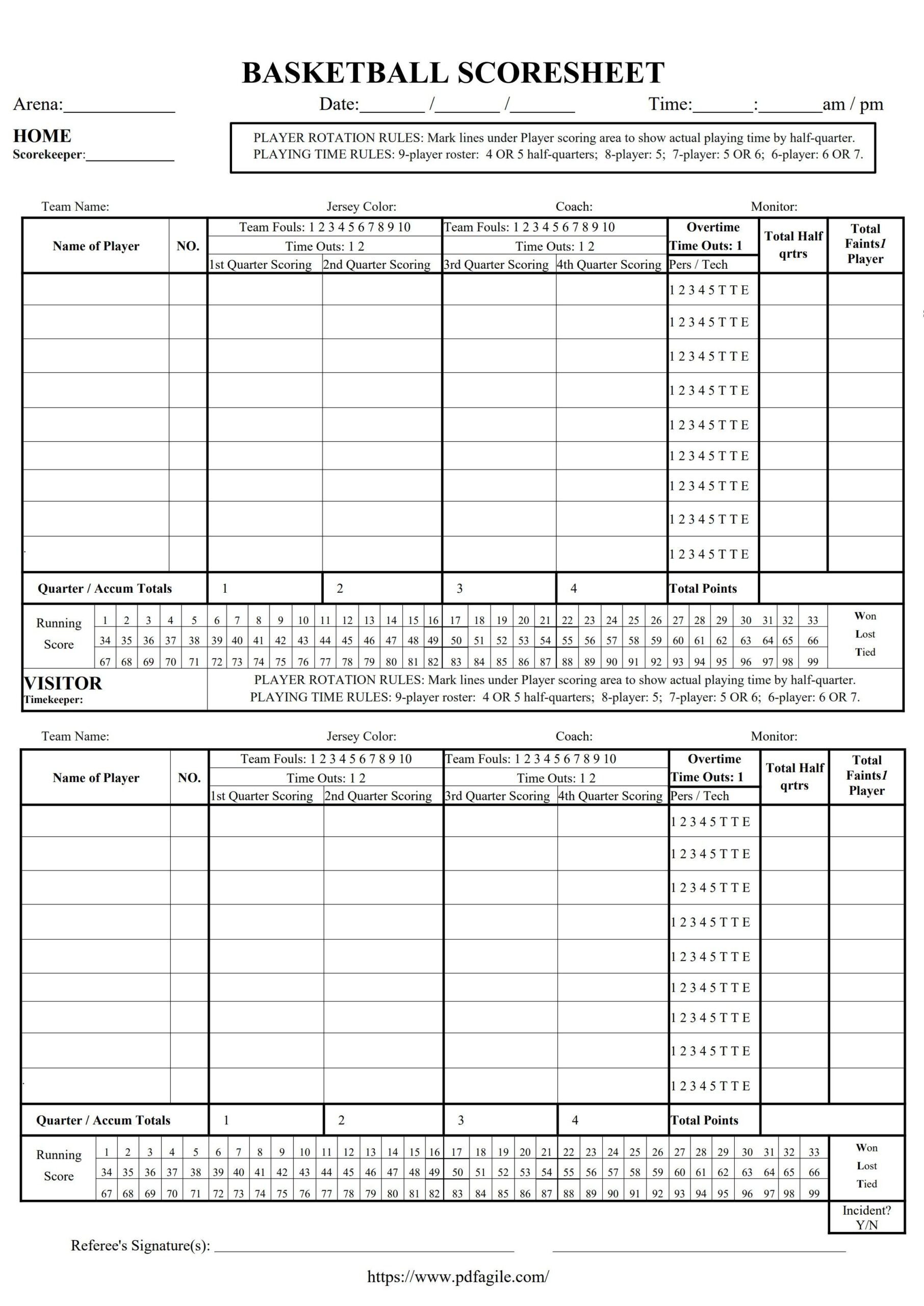 Printable Template Basketball Stat Sheet
