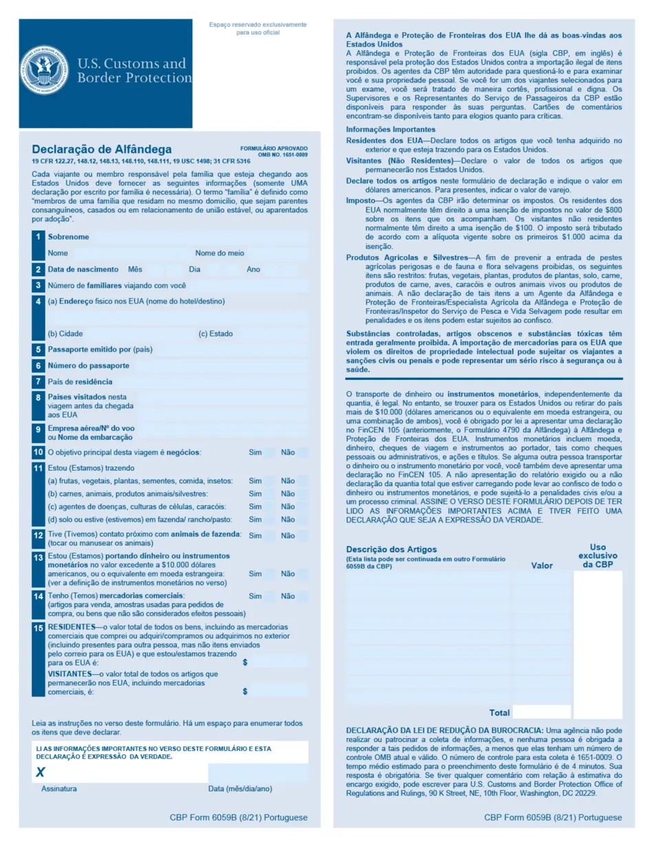 Cbp Declaration Form 6059b Printable