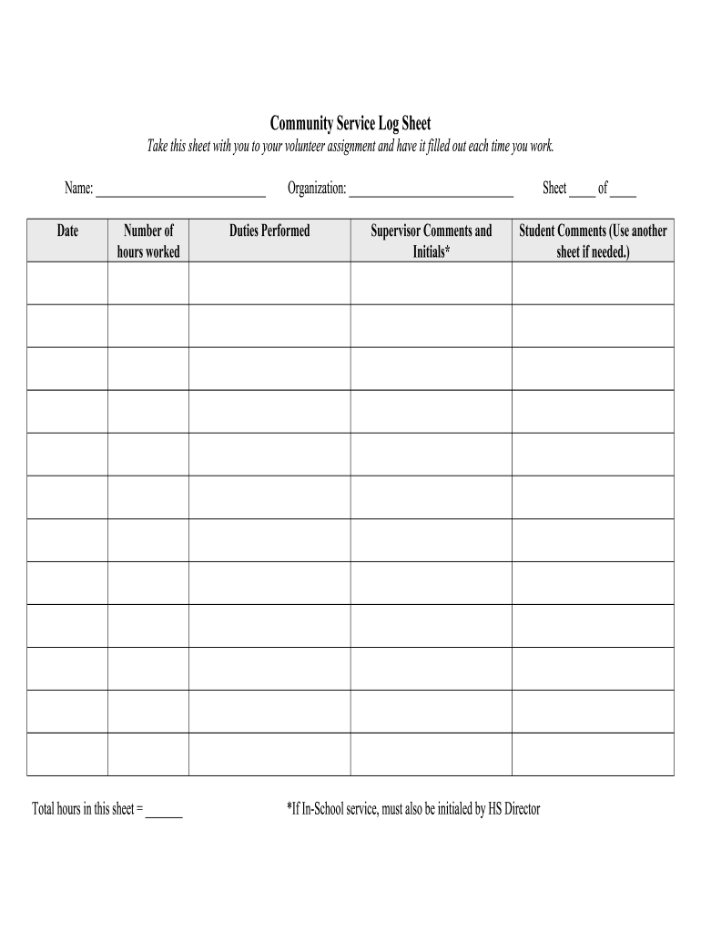 Community Service Log Sheet Form Fill Online Printable 