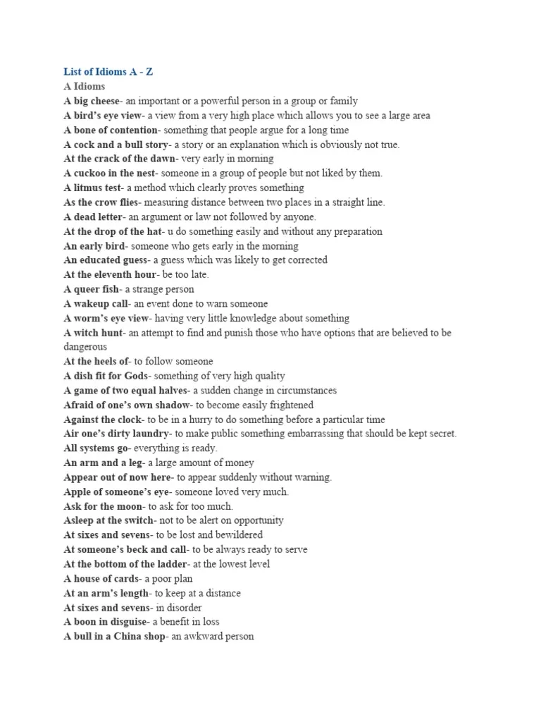 Comprehensive A Z Idioms List PDF Language Arts amp Discipline Law