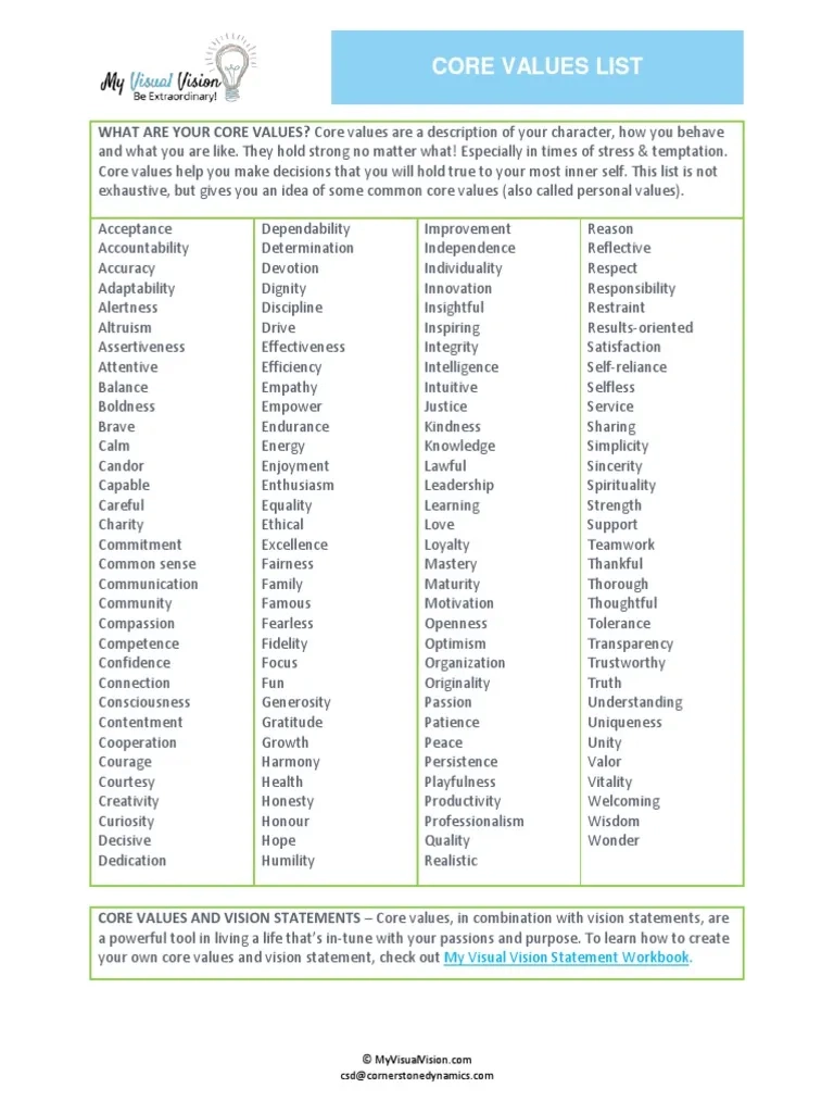 List Of Core Values Printable