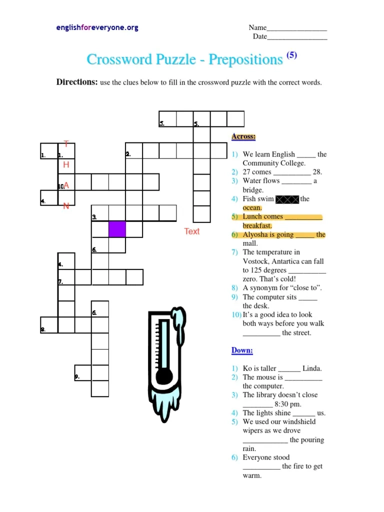 Prepositions Crossword Puzzles Printable