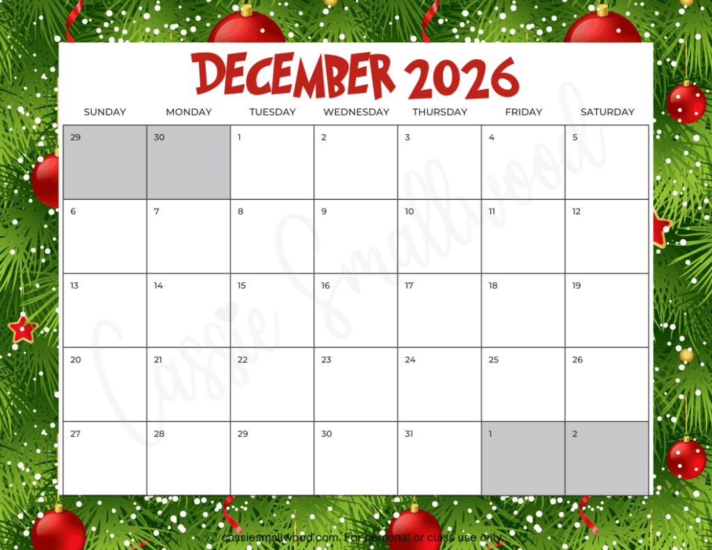 Calendar December 2026 Printable Free