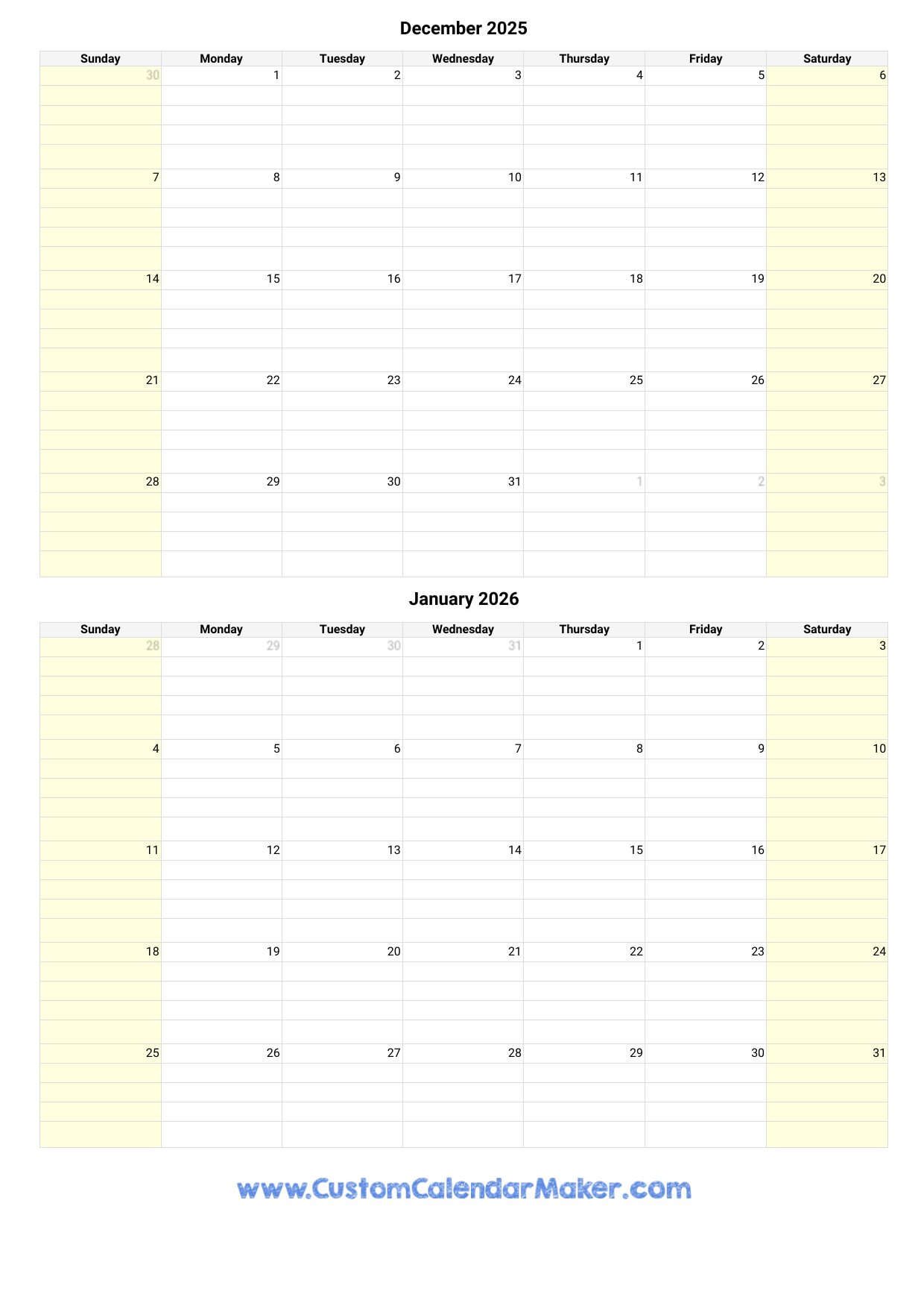 December And January Calendar Printable