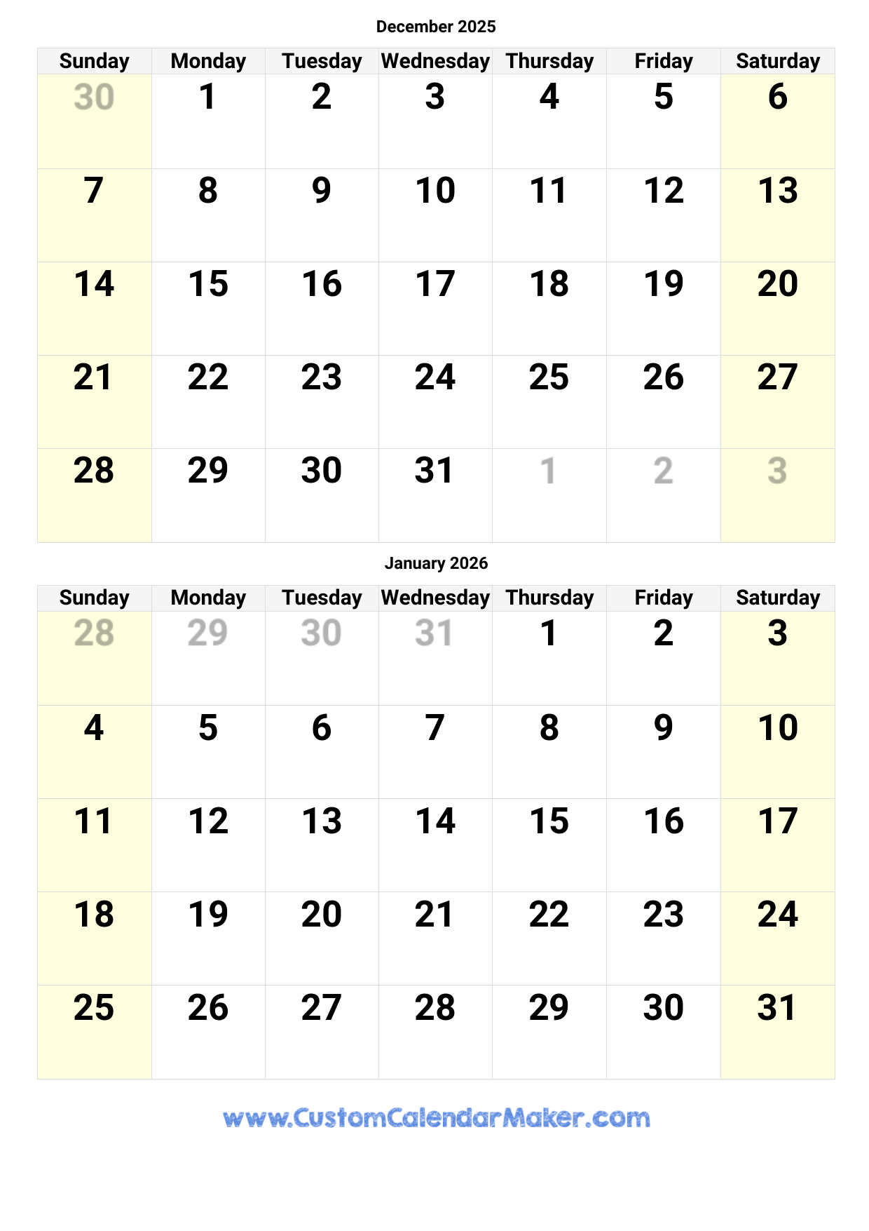 Calendar Printable December 2025 January 2026