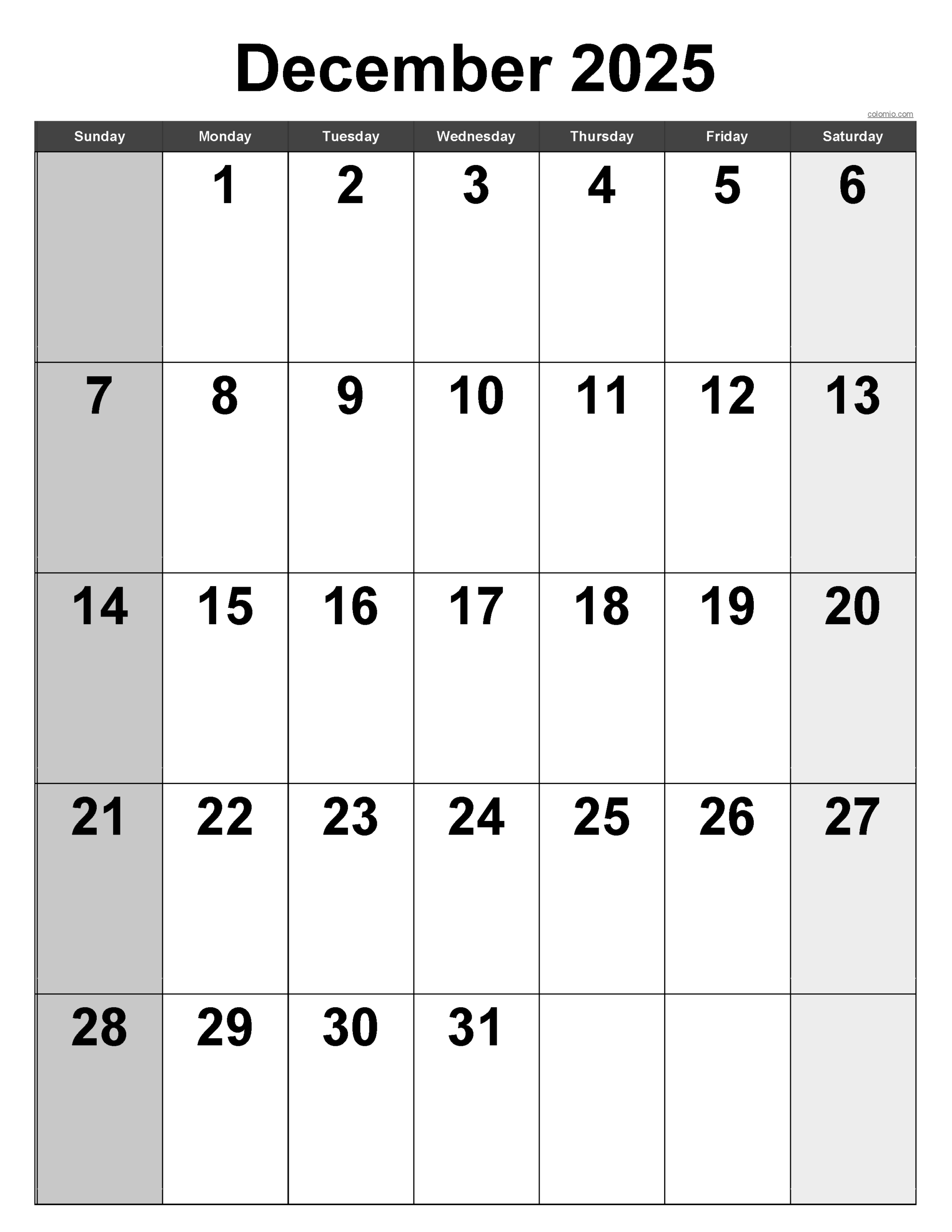 December 2025 Calendar Printable Vertical