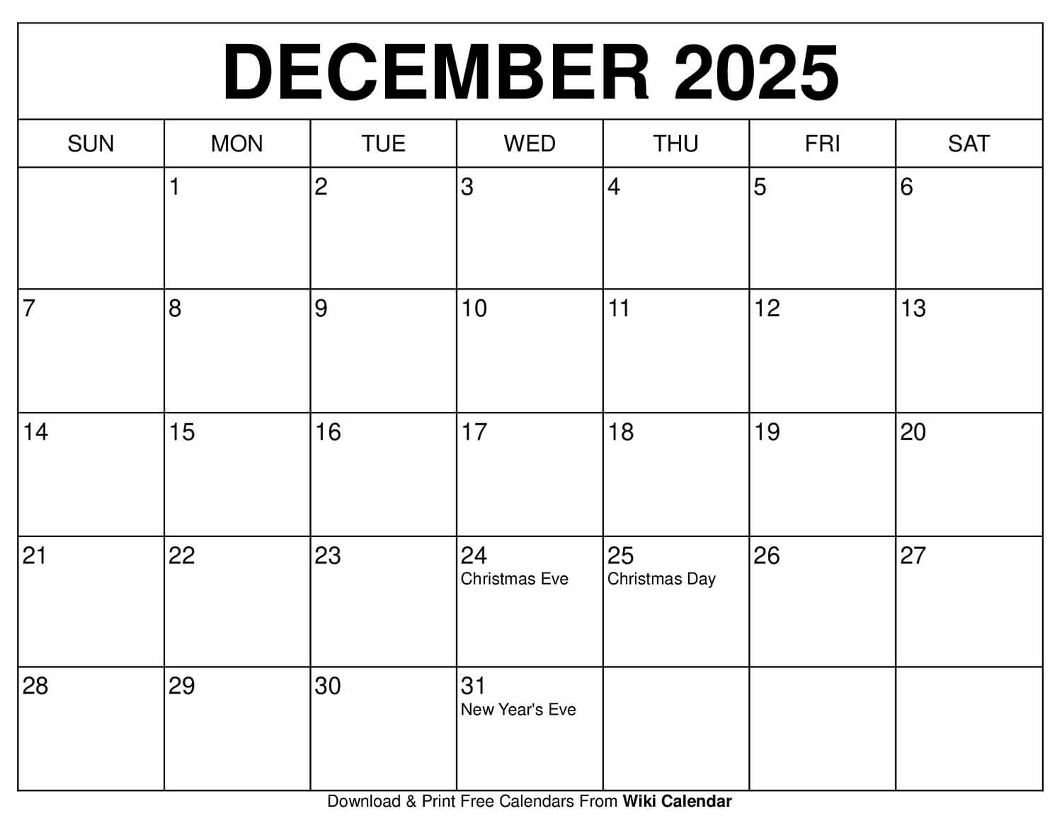 Large December Calendar 2025 Printable