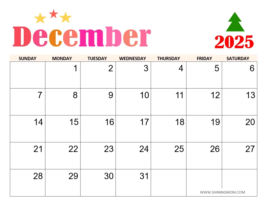 Downloadable Printable Calendar December 2025