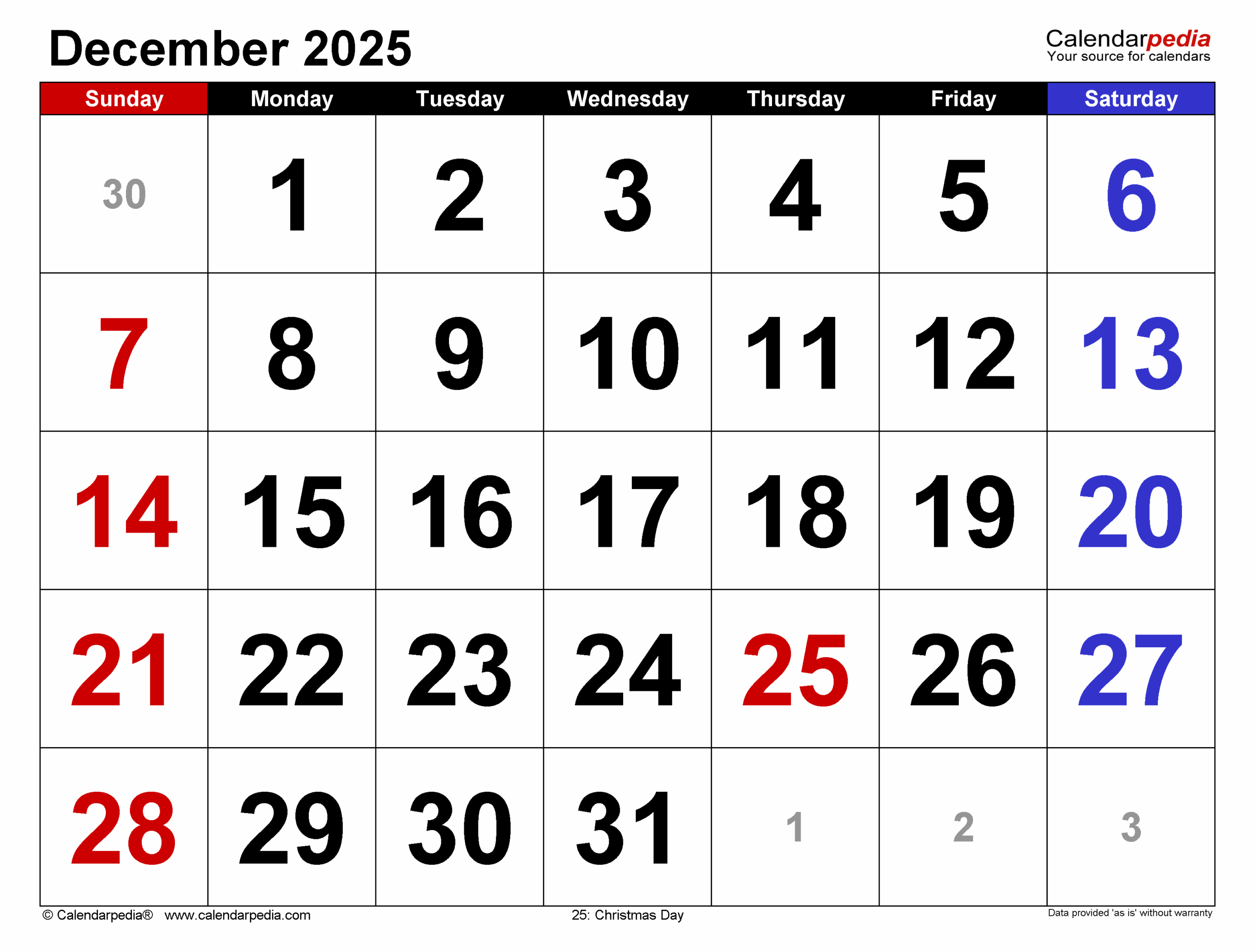 December 2025 Calendar Canada Printable