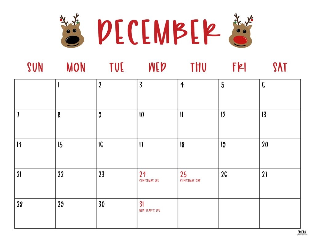 Printable Holiday December 2025 Calendar