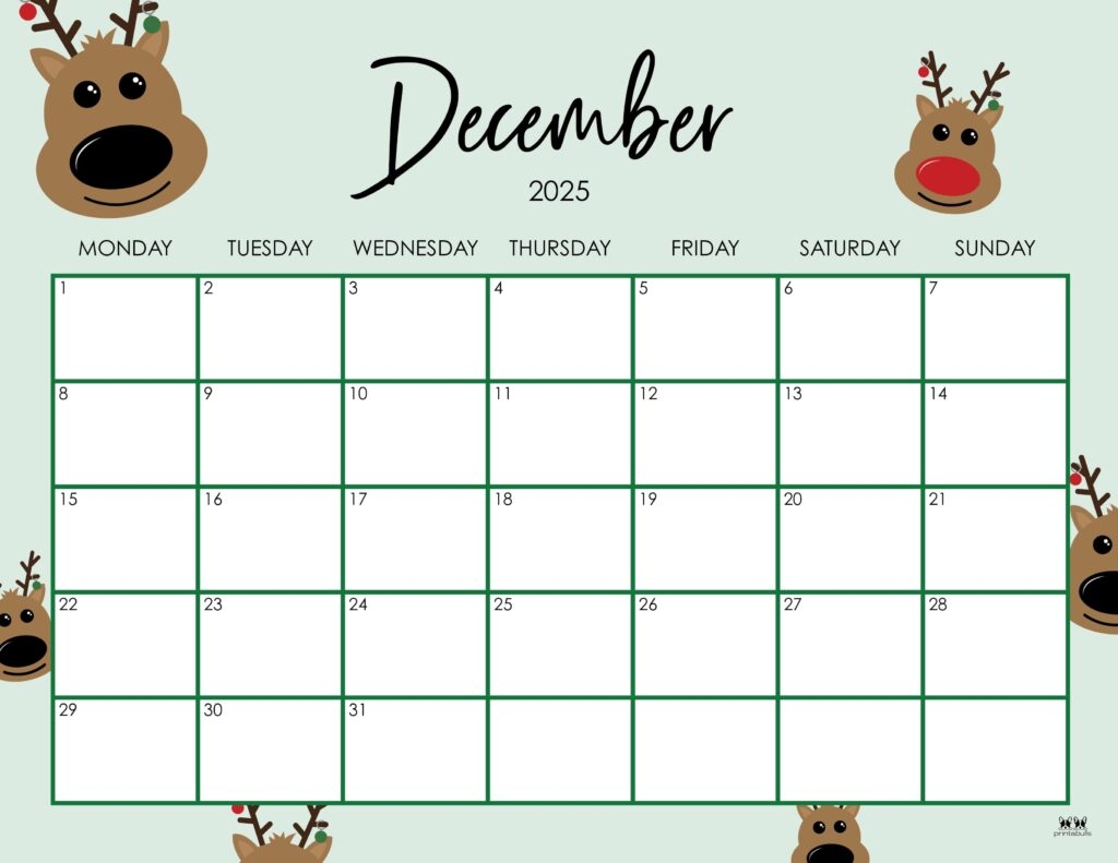 December 2025 Calendar Monday Start