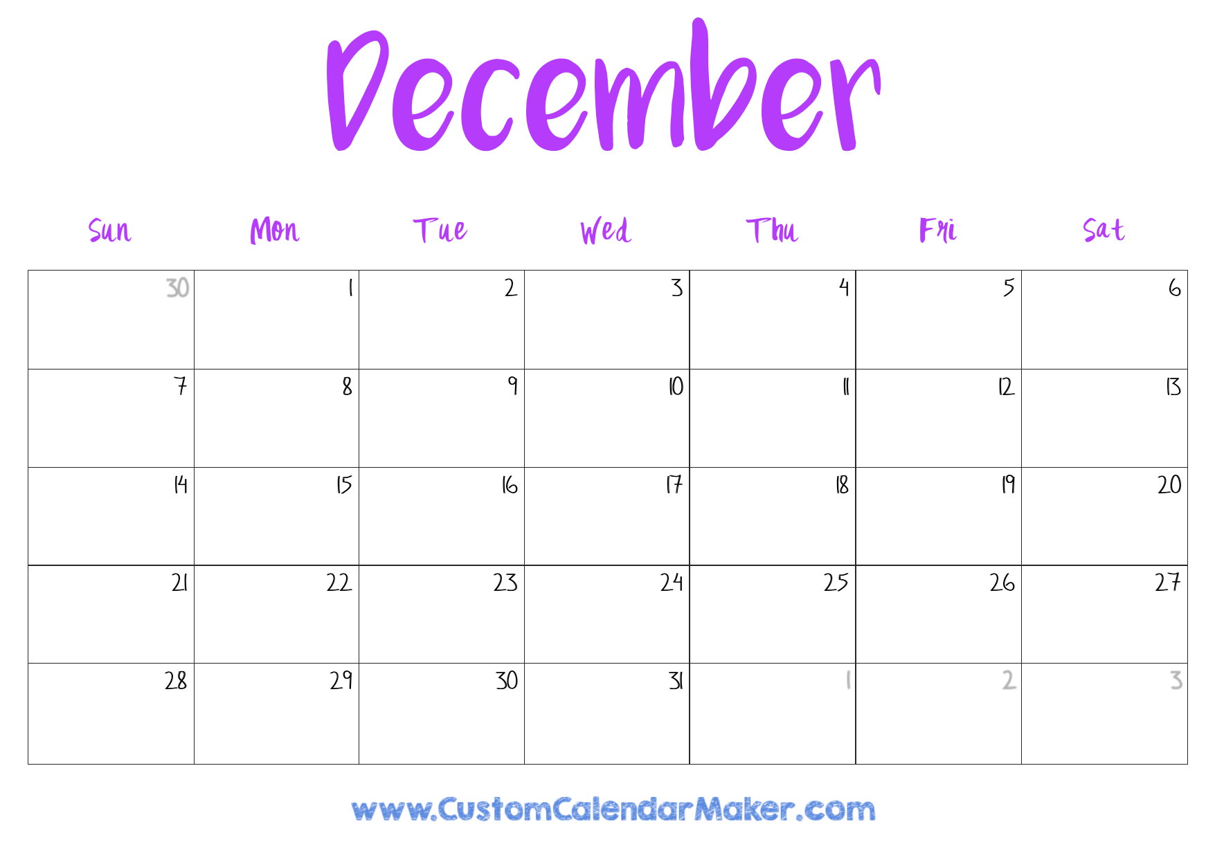 Blank Printable Calendar 2025 December
