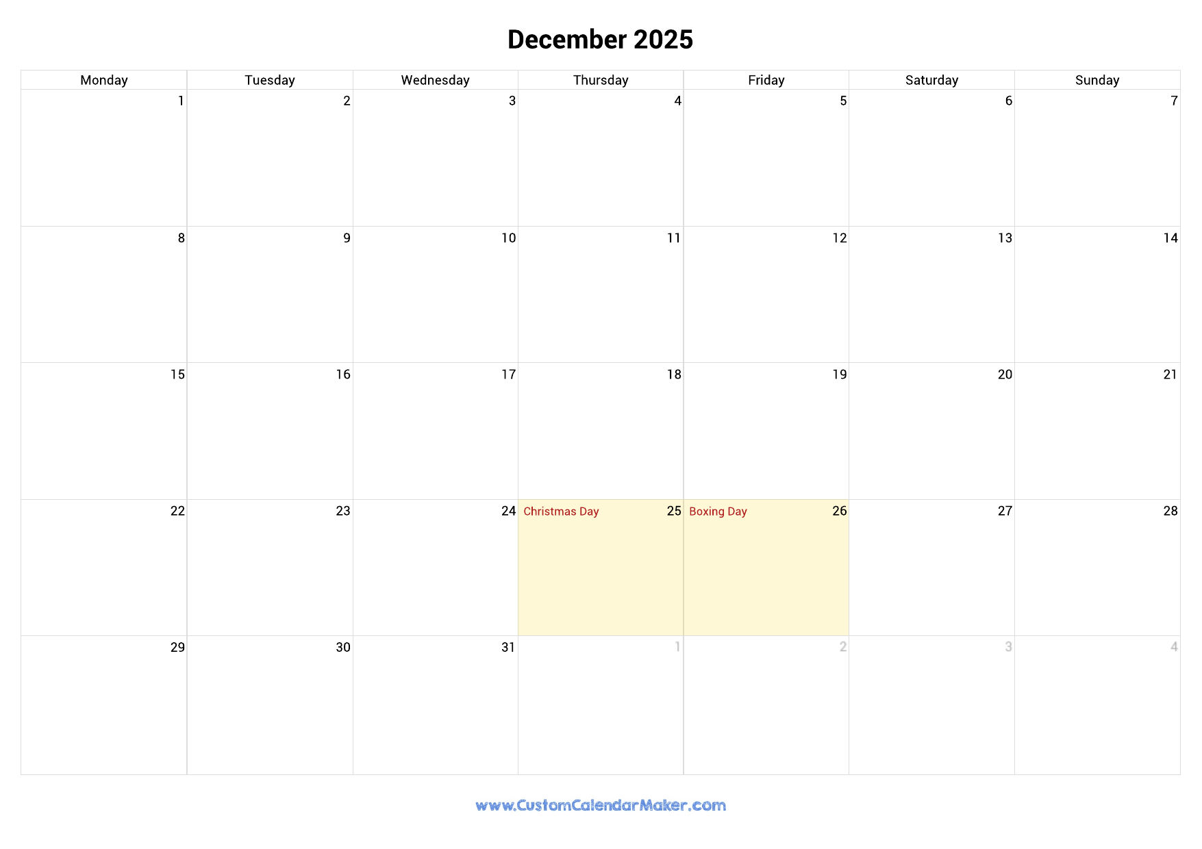 December 2025 Calendar Printable Uk