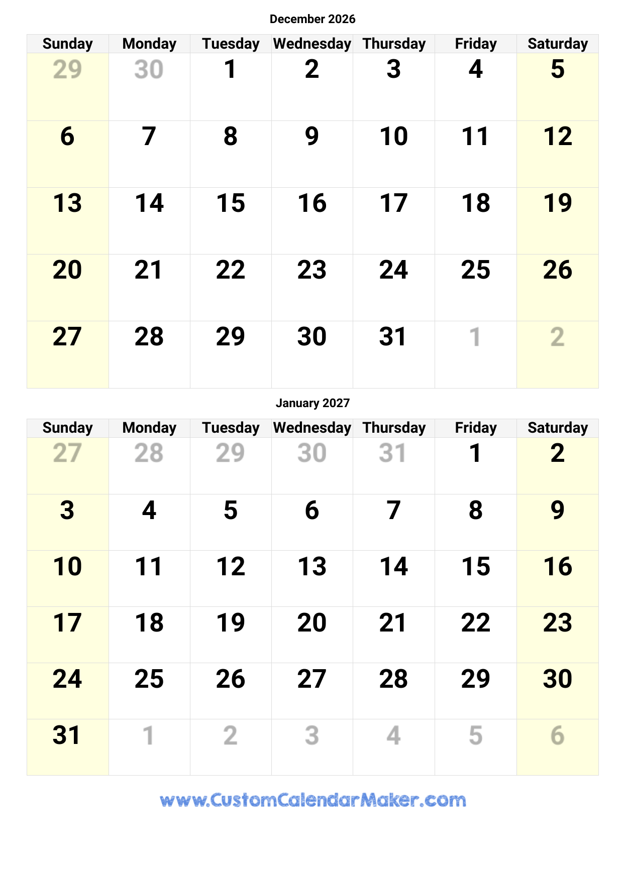 December January Calendar 2026 Printable