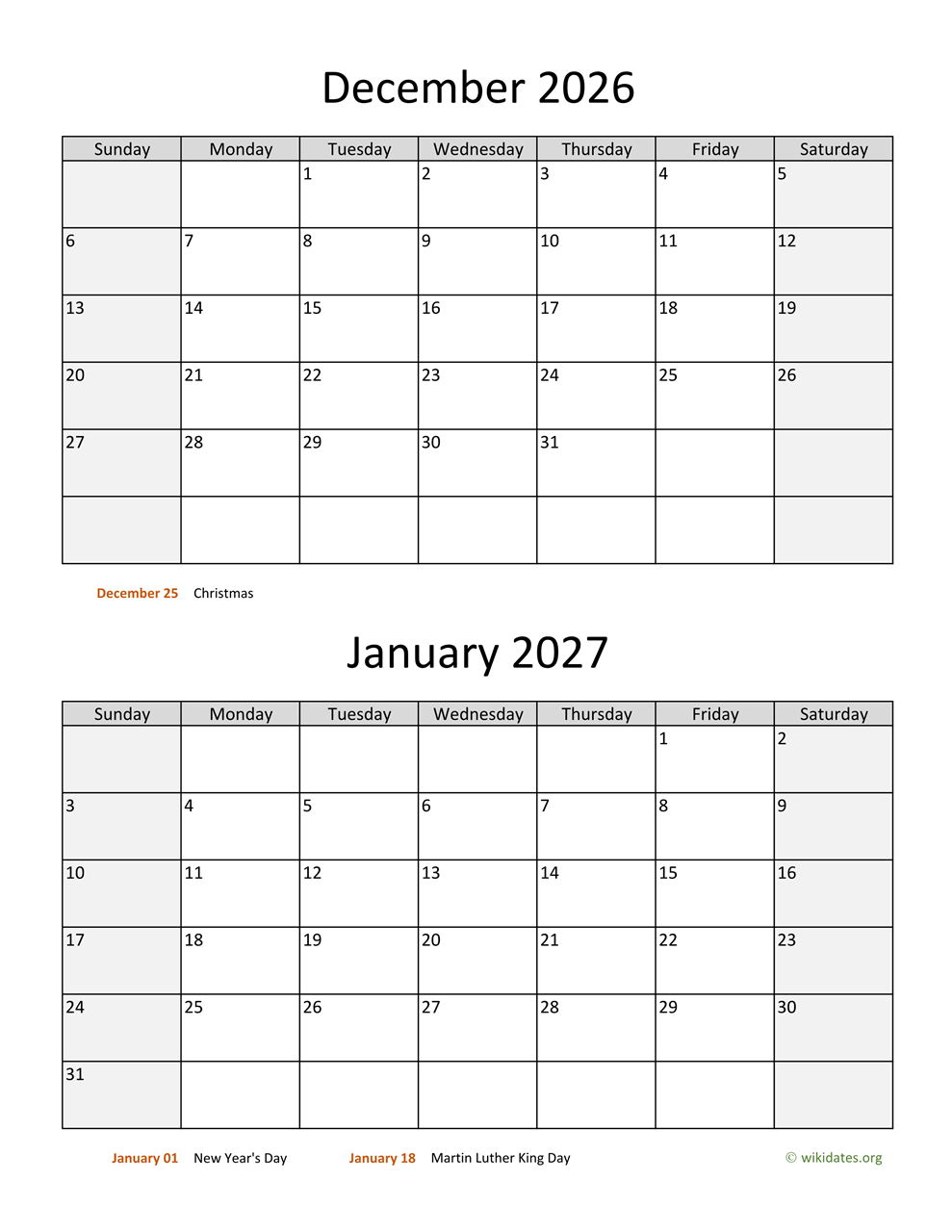 January Through December 2026 Printable Calendar