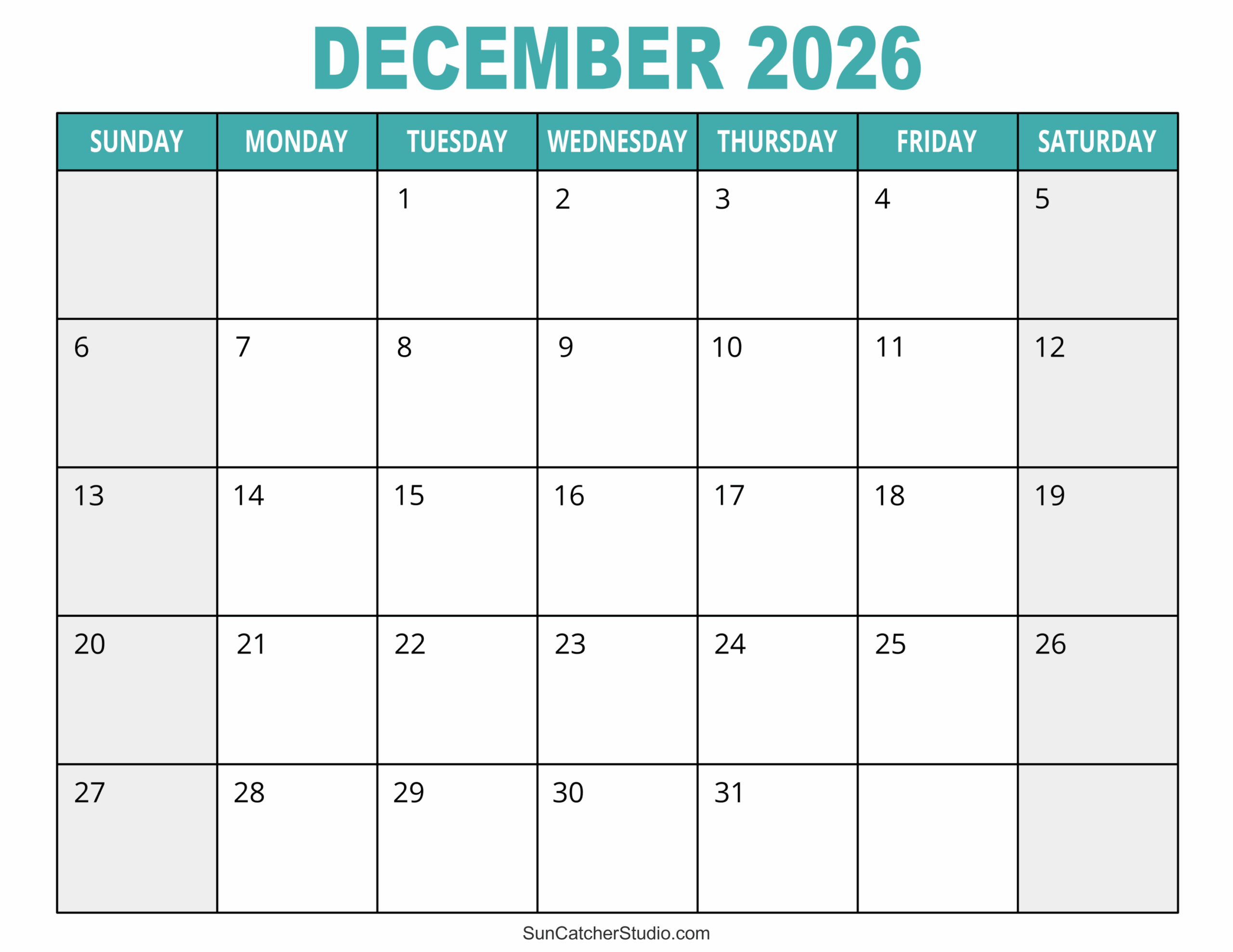 December Blank Calendar 2026 Printable Free