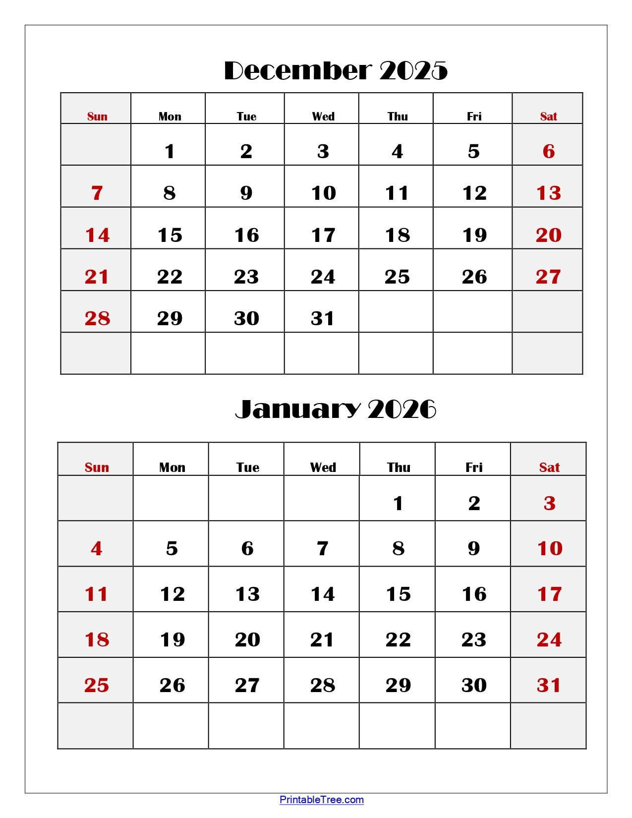 December January Printable Calendar