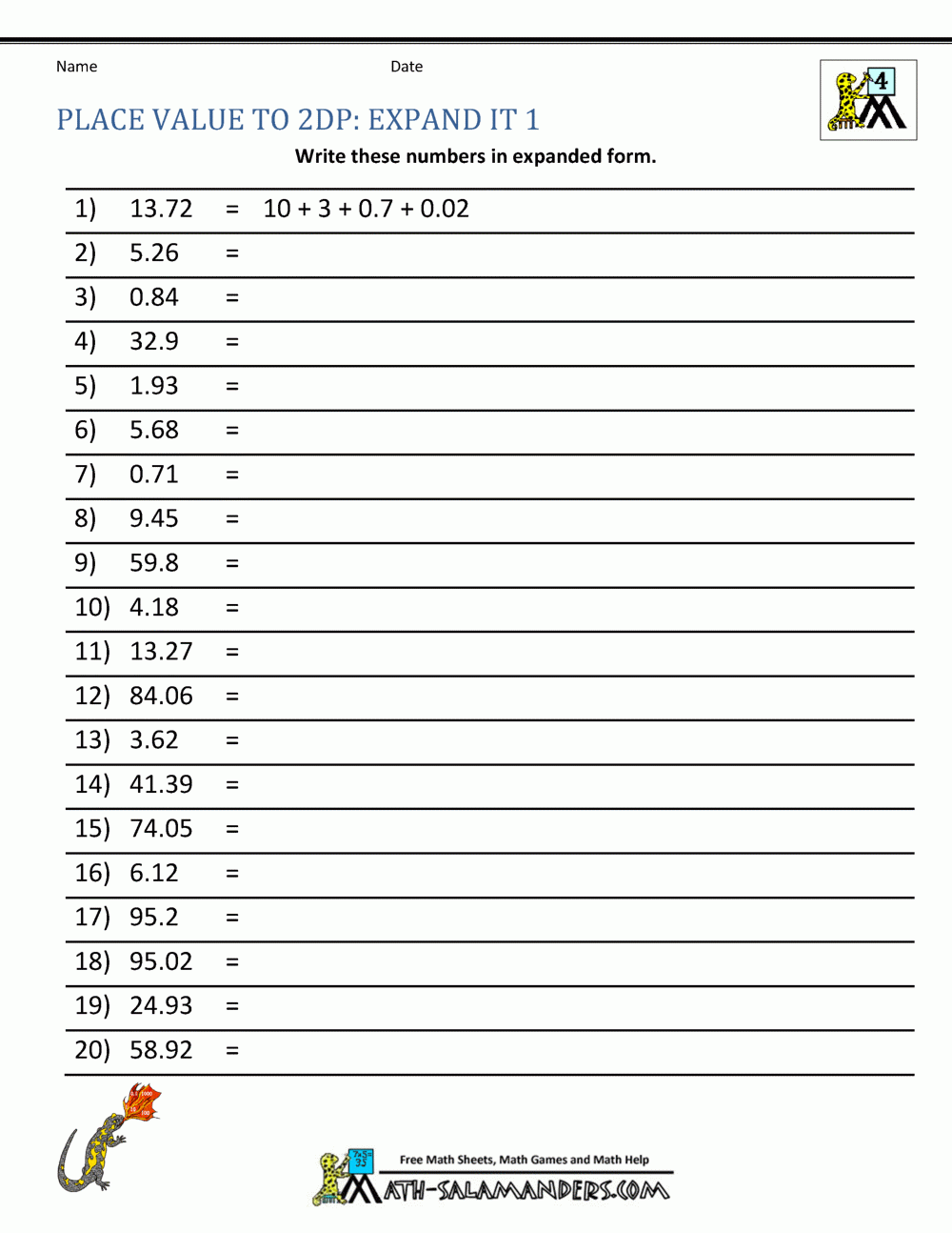 Decimal Place Value Worksheets Free Printable