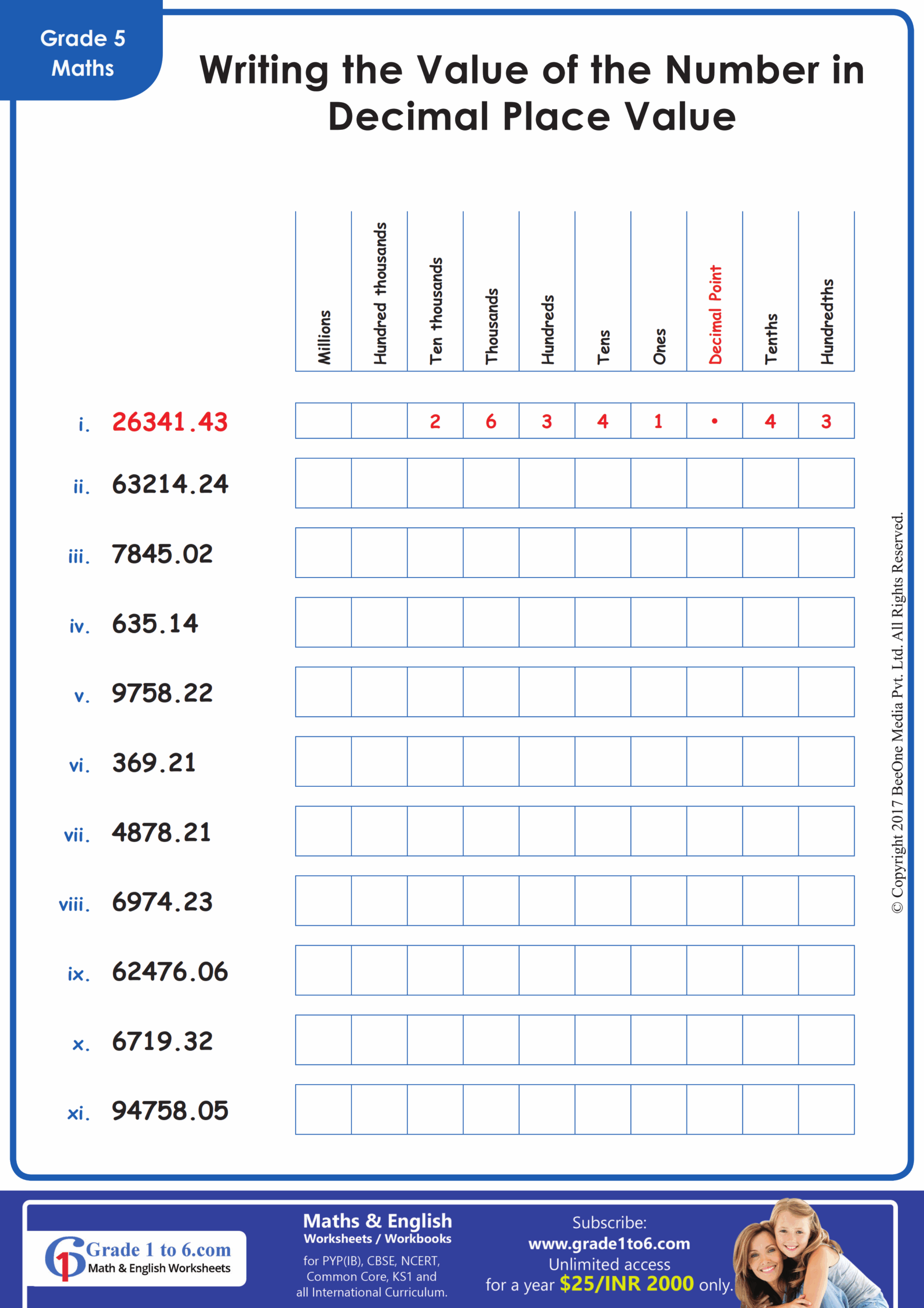 Decimal Place Value Worksheets Grade1to6 Worksheets Library